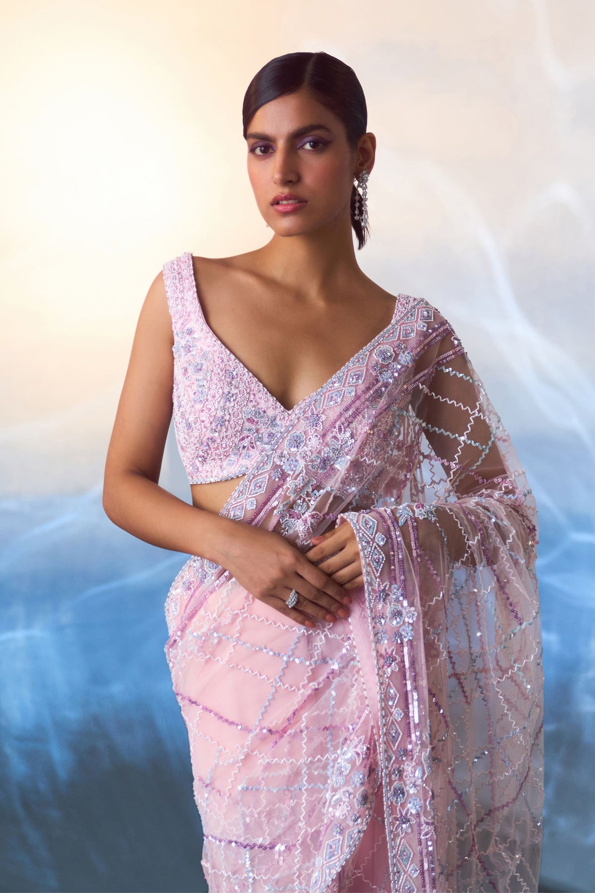Blush Pink Net Saree Set