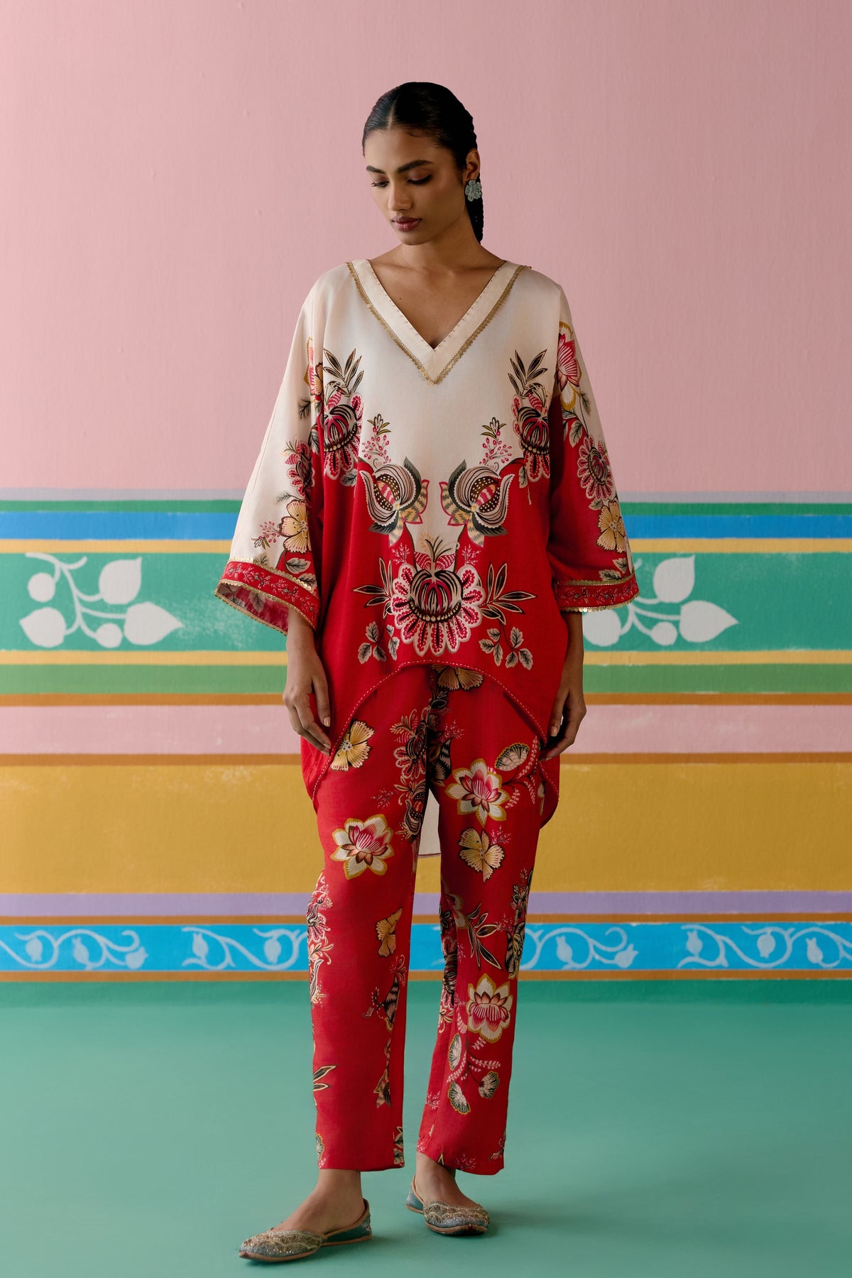 Ecru Red Floral Short Kaftan Set