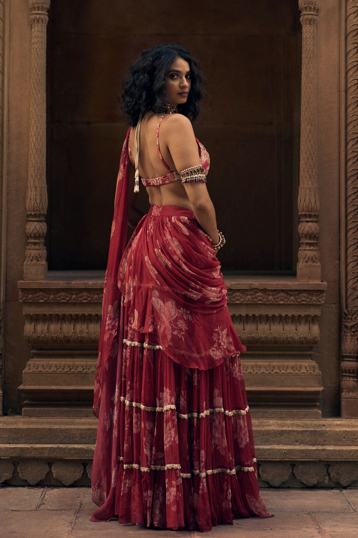 Vintage Floral Printed Saree Set