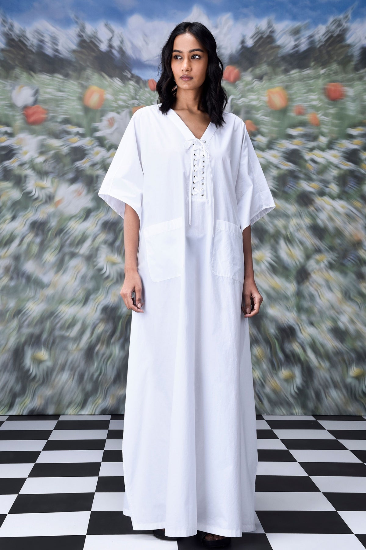 Kaftan Laceup Dress  White