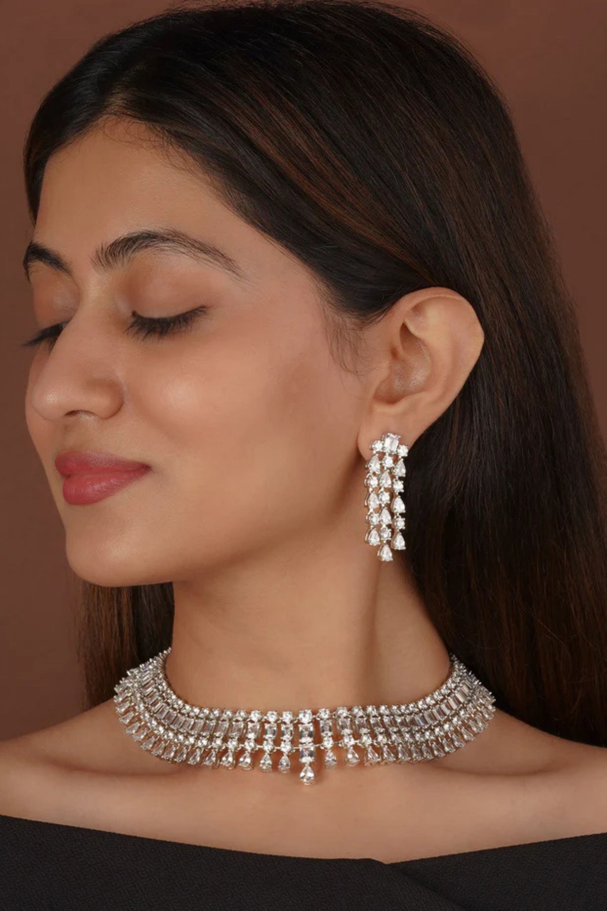 Faux Diamond Necklace With Earrings