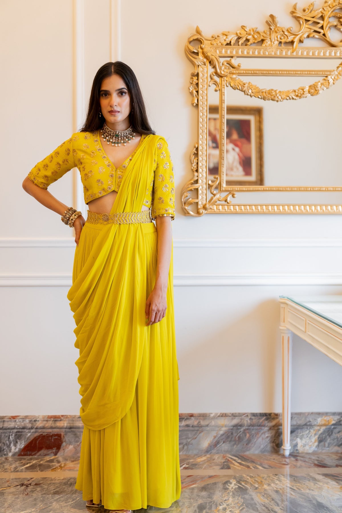 Lime Yellow Antique Embroidered Saree Set
