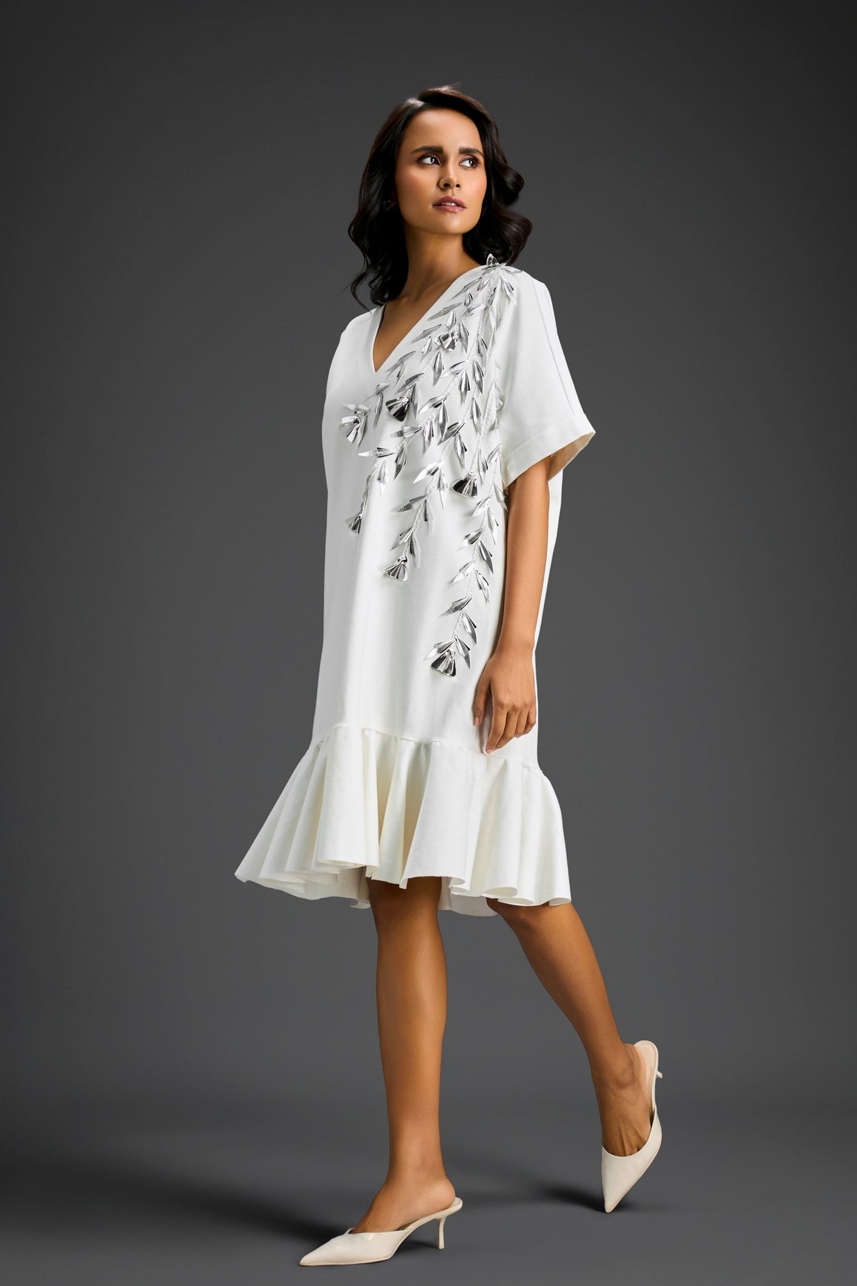 White V-neck Embroidery Dress