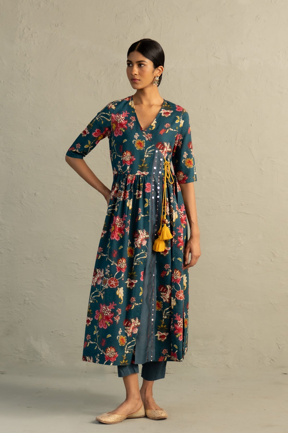 Teal Angrakha Straight Kurta Set