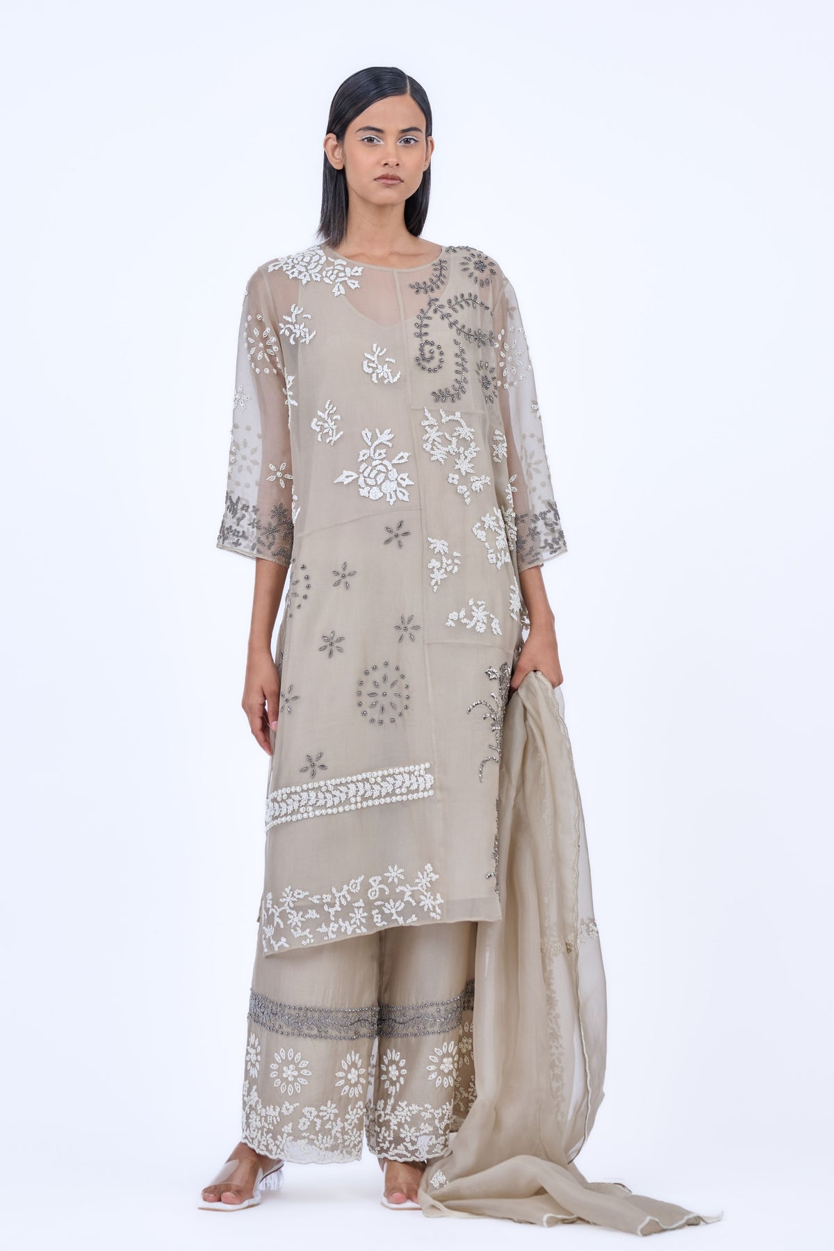 Ecru Silver Silk Organza Kurta
