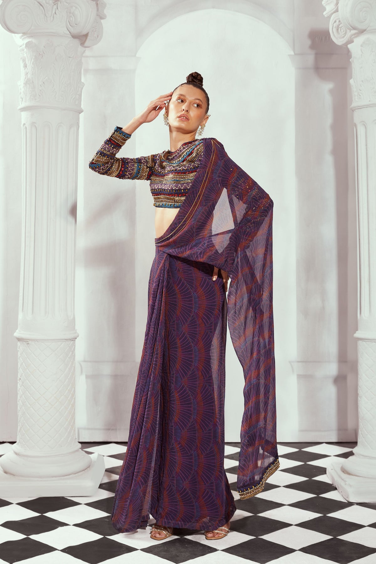Overtine Greek Art Print Pre Drapped Saree