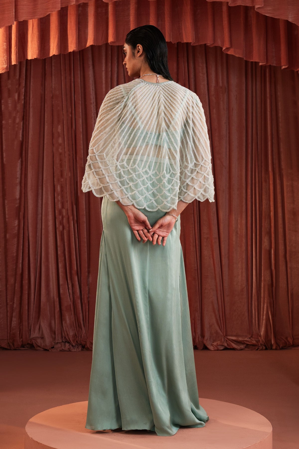 Sea Green Beaded Cape Set
