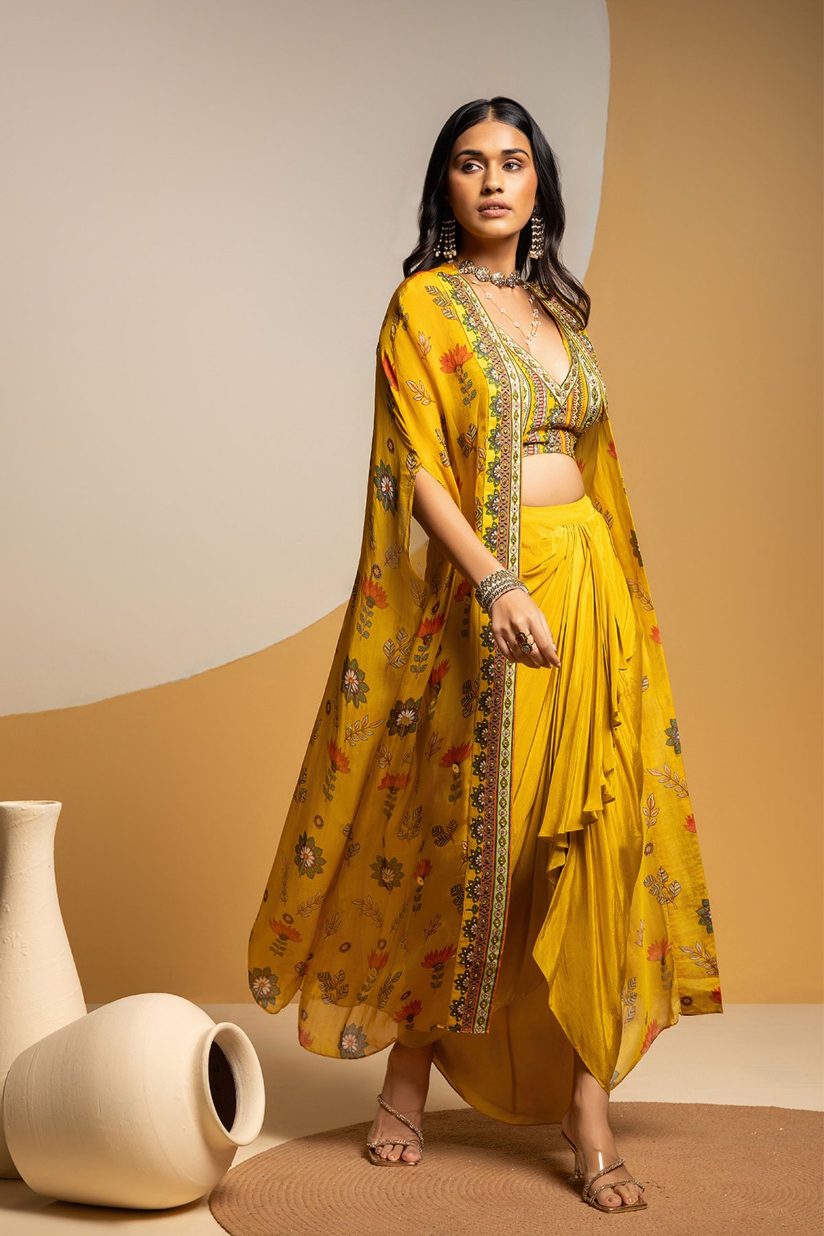 Embellished V Neck Drape Skirt Set