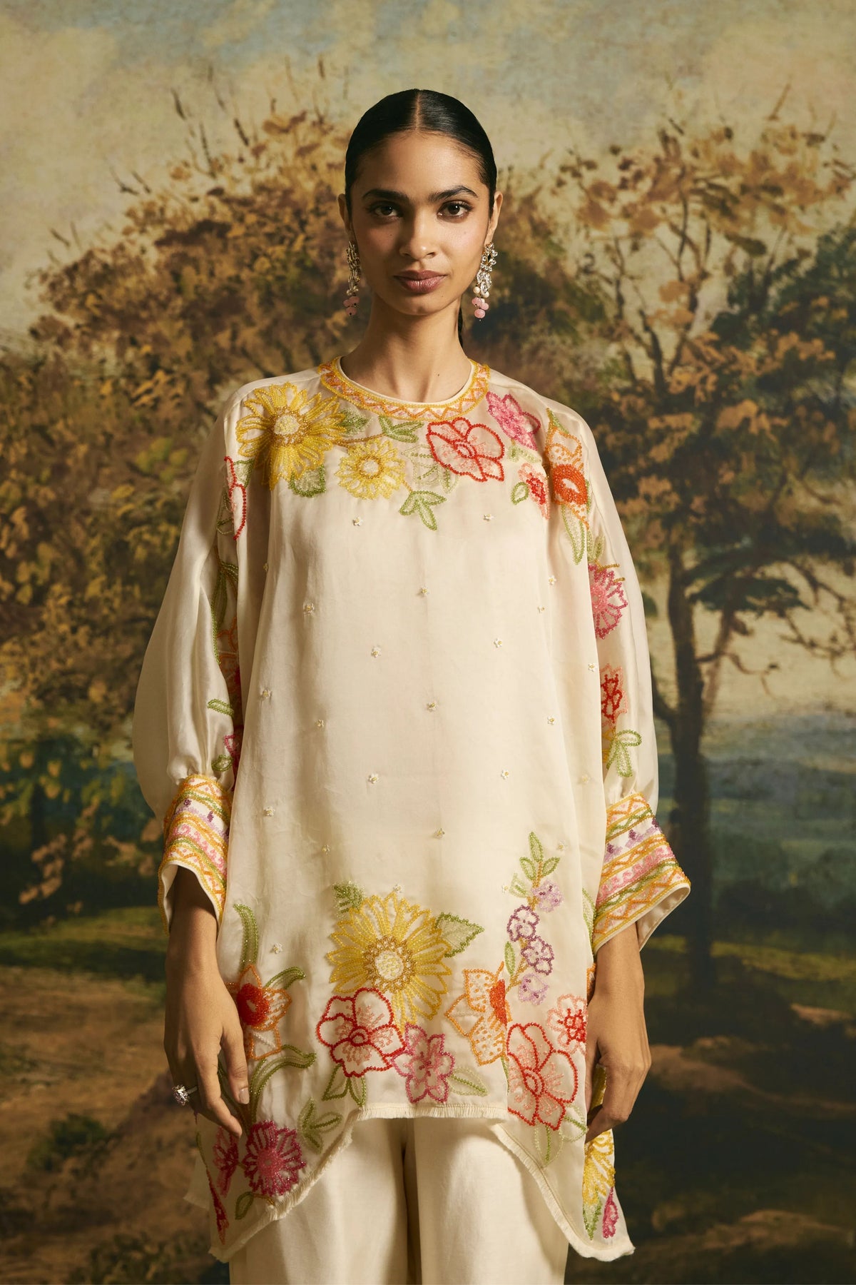 Ivory Floral Silk Tunic Set
