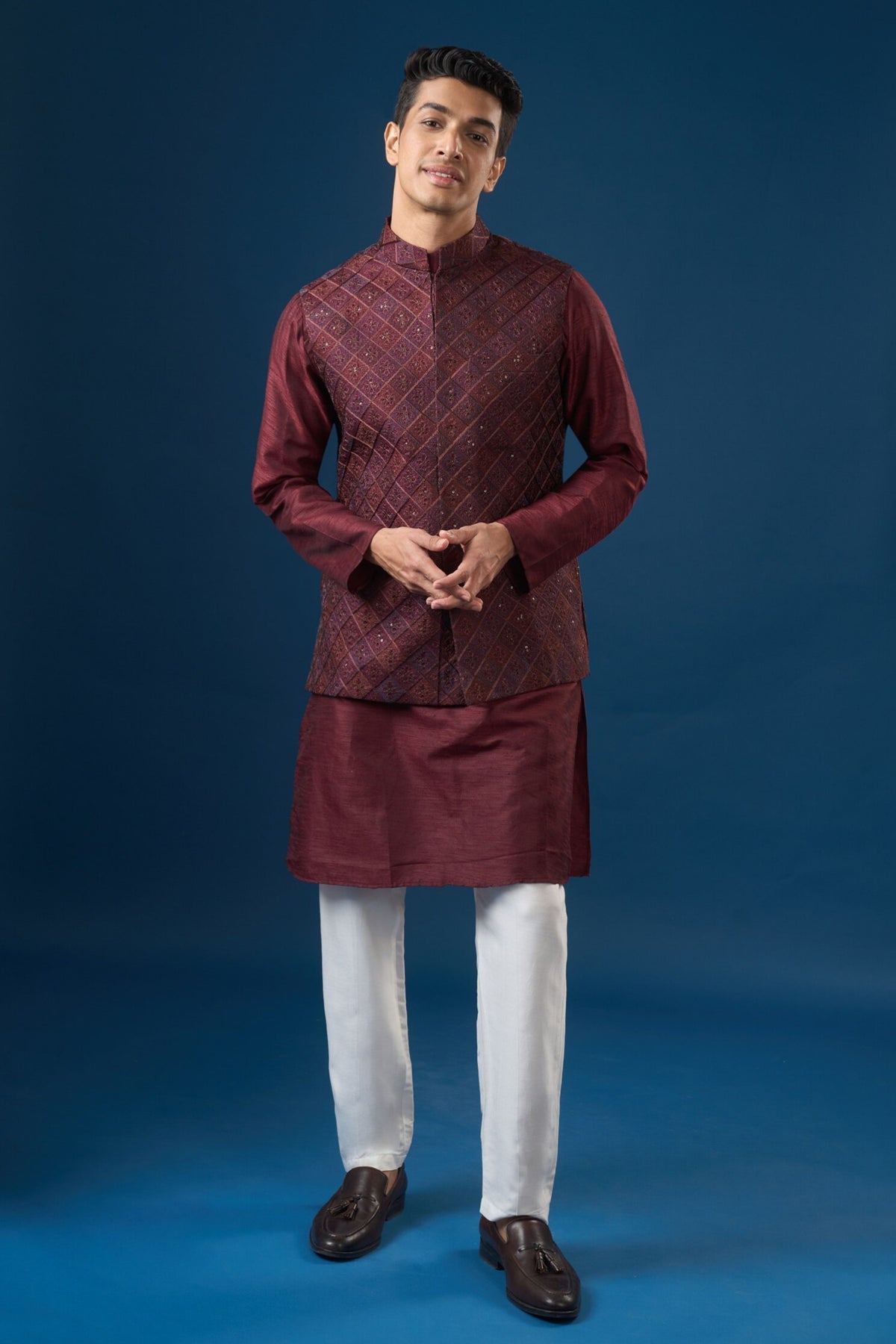 Maroon Embroidered Kurta-bundi Set