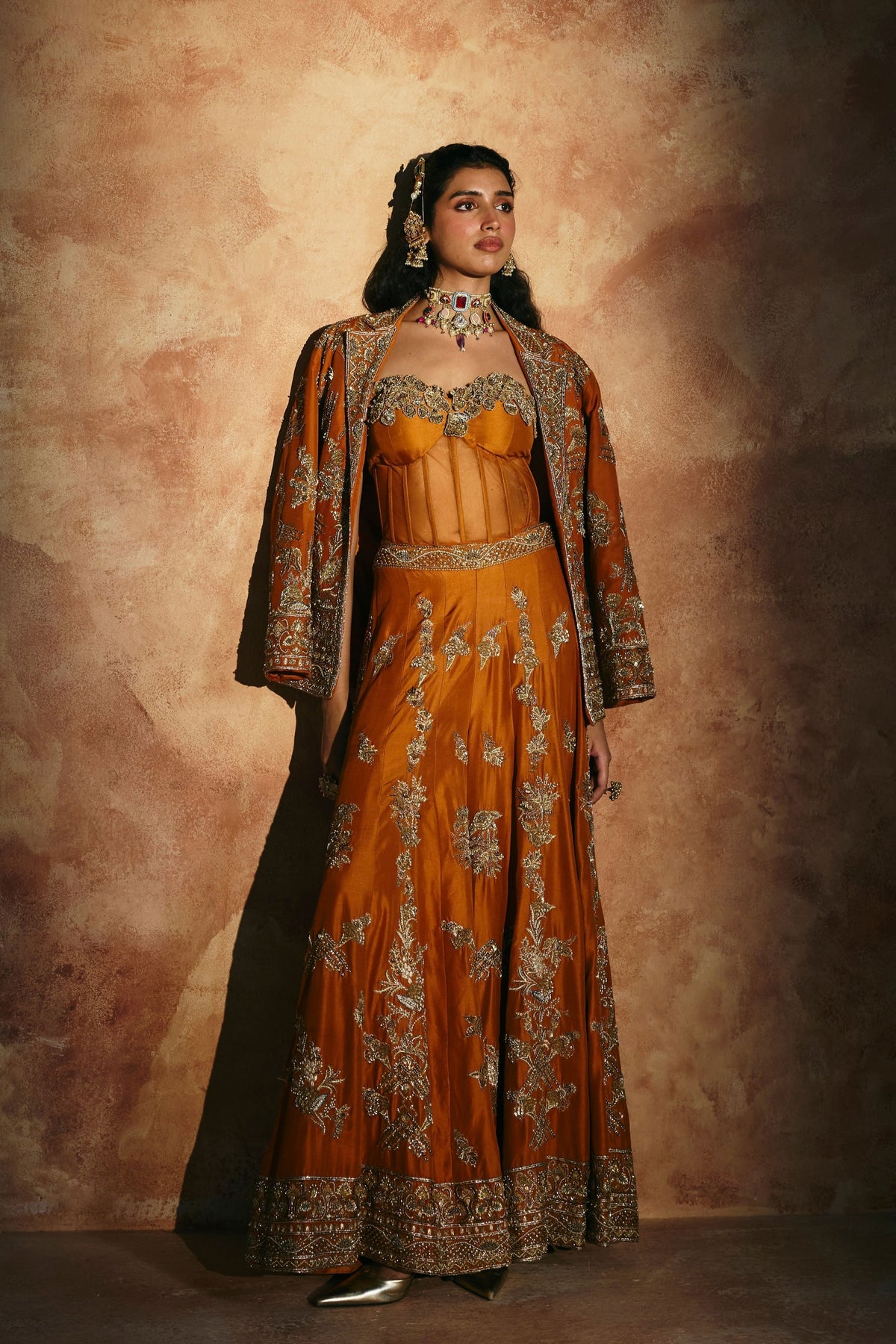 Orange Sindh Multicoloured Corset Set