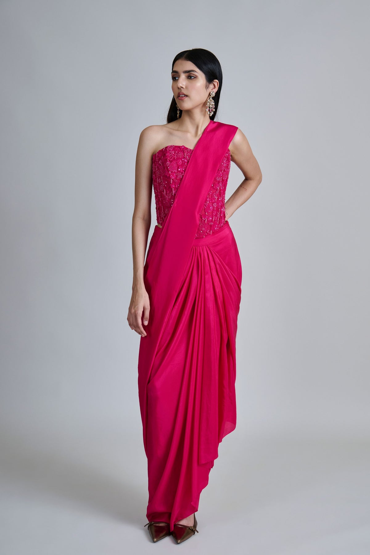 Zin Fuchsia Draped Saree Set