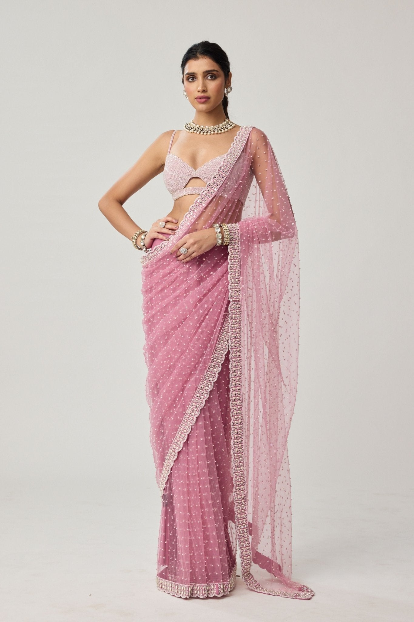 Onion Pink Net Saree Set - Vvani by Vani Vats - Elahe