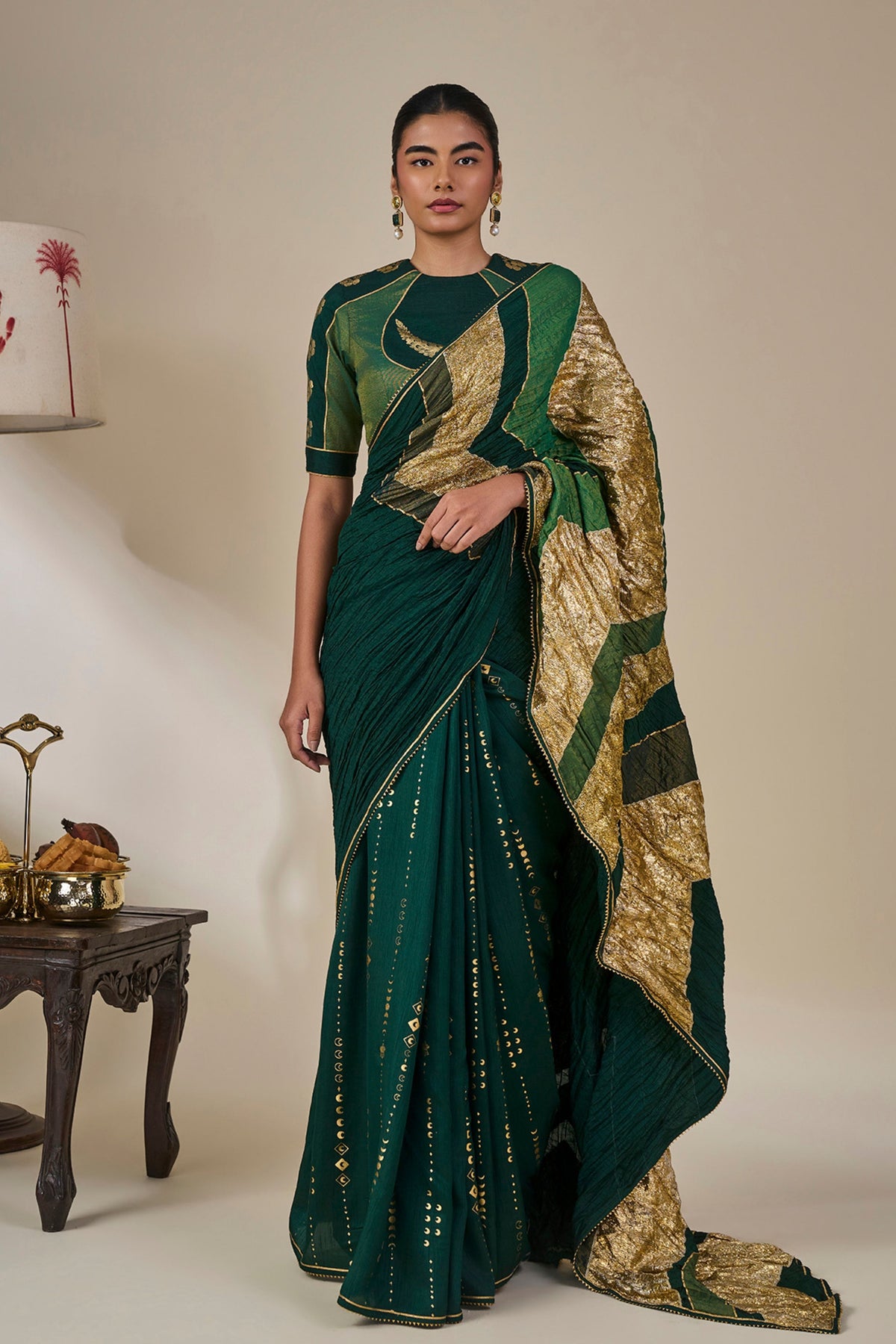 Bottle Green Celestial Moonfall Crush Saree
