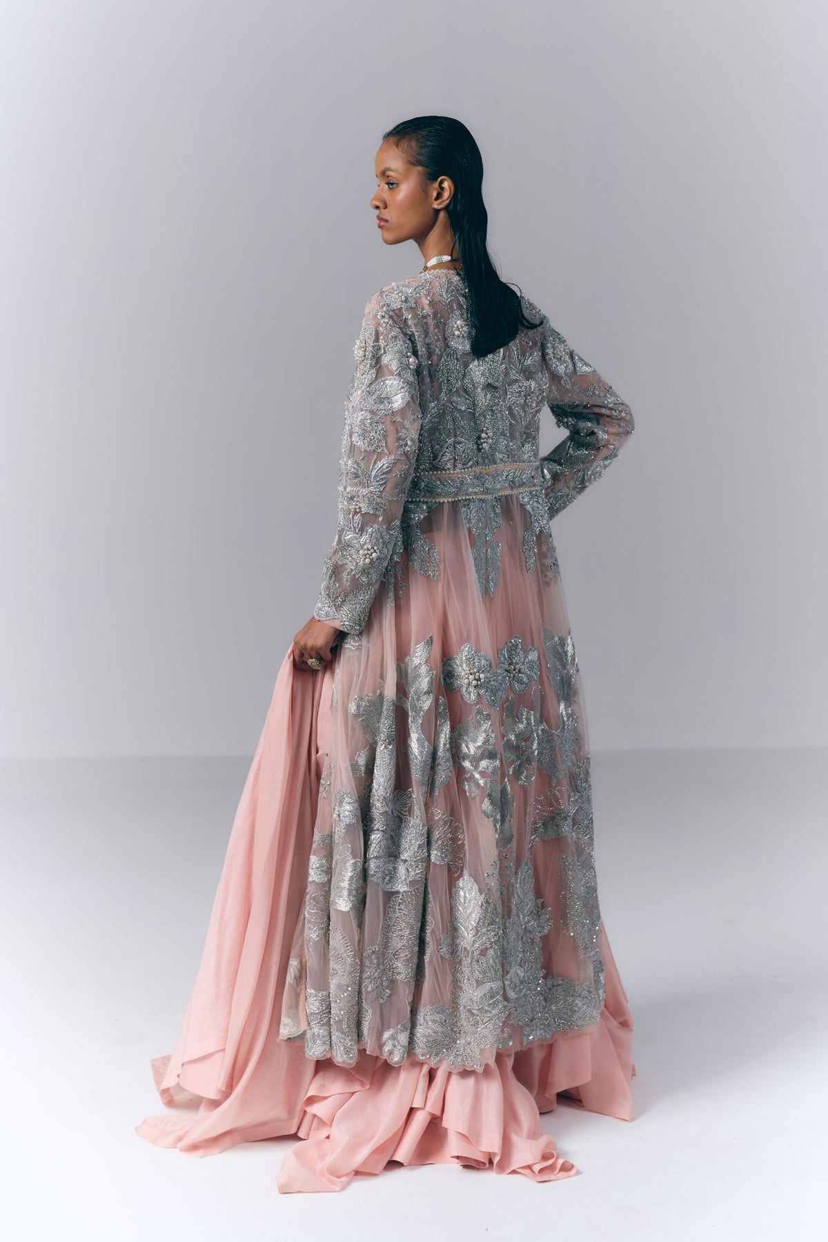 Peach Embellished Long Jacket Set