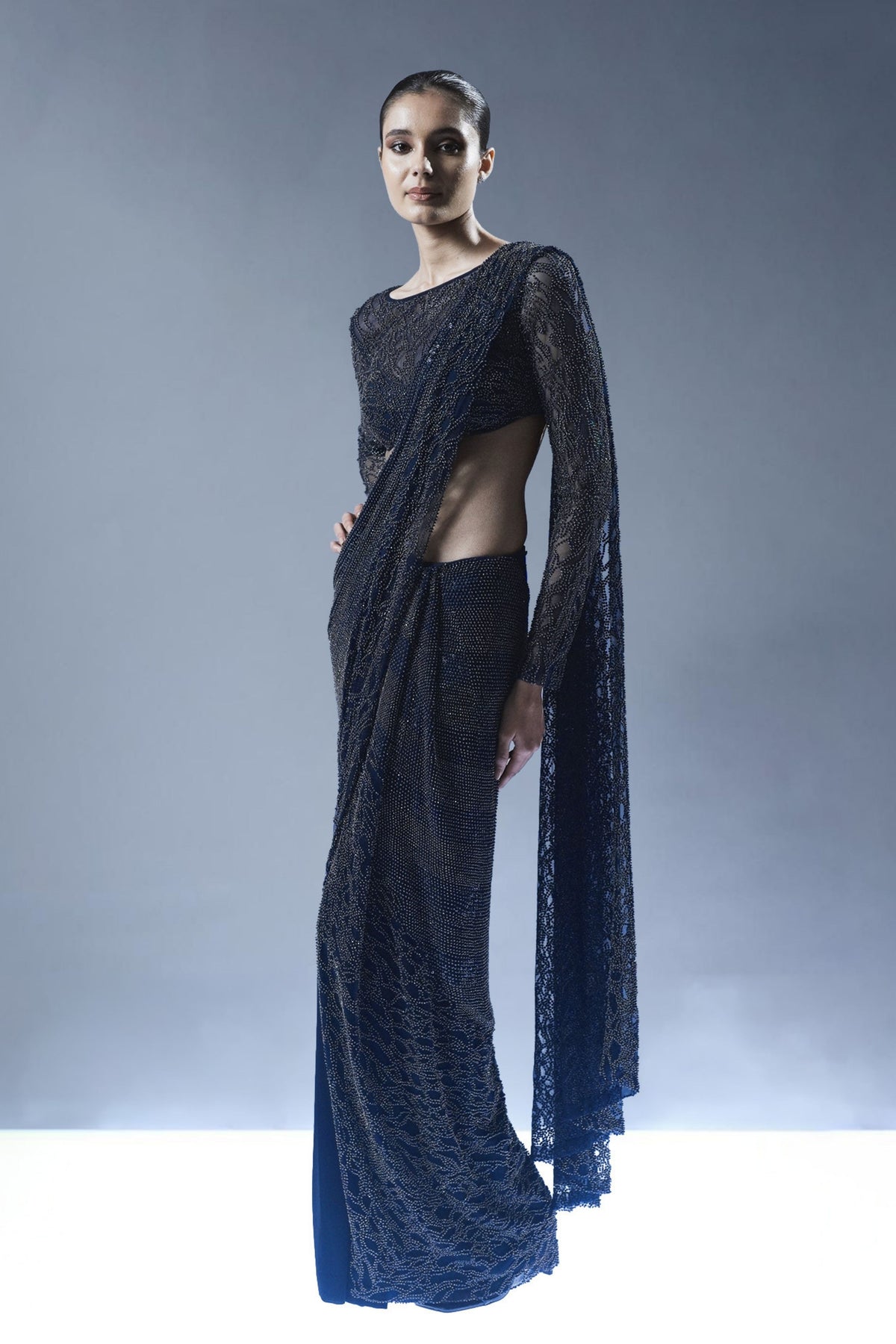 Midnight Blue Embellished Drape Saree