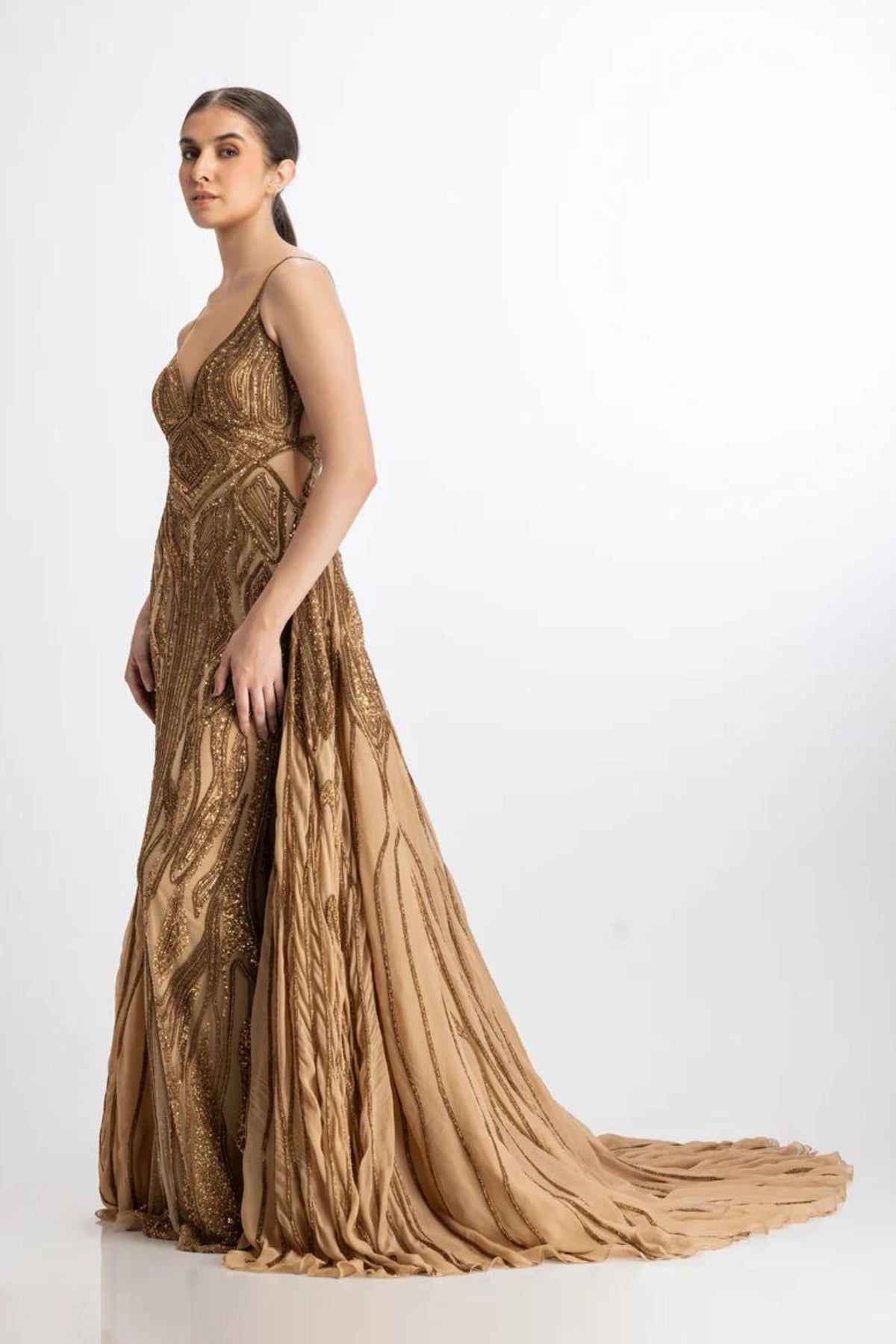 Antique gold gown with an overskirt