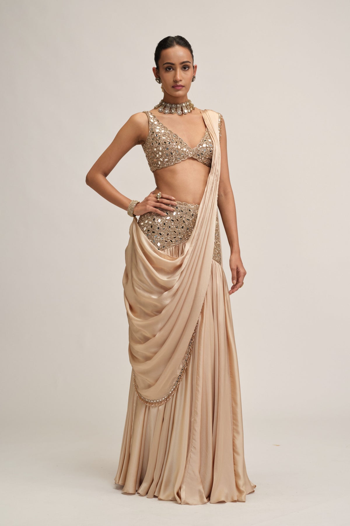 Modern Beige Draped Saree Set