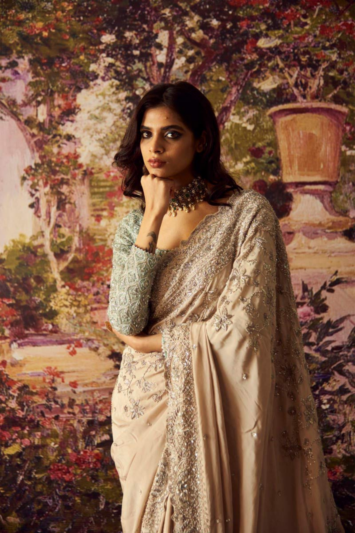 Ivory Heavy Embroidered Saree Set