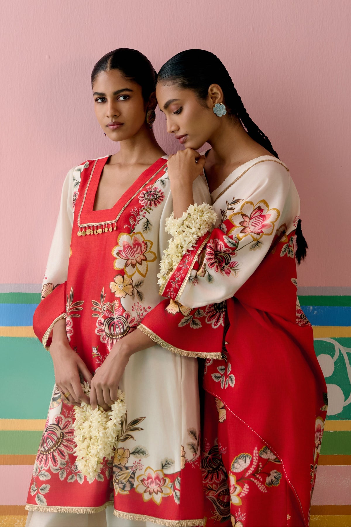 Ecru Red Floral Kurta Set