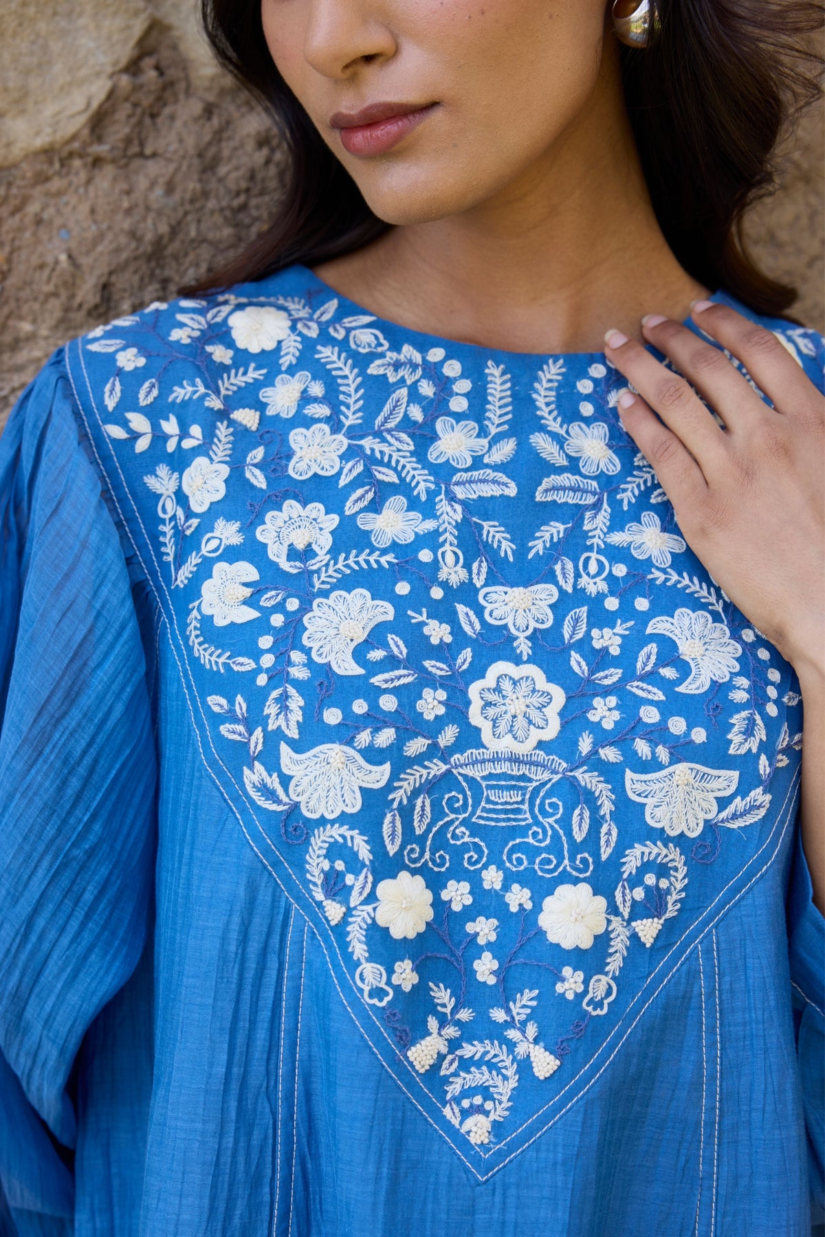 Blue Embroidered Yoke Chanderi Dress