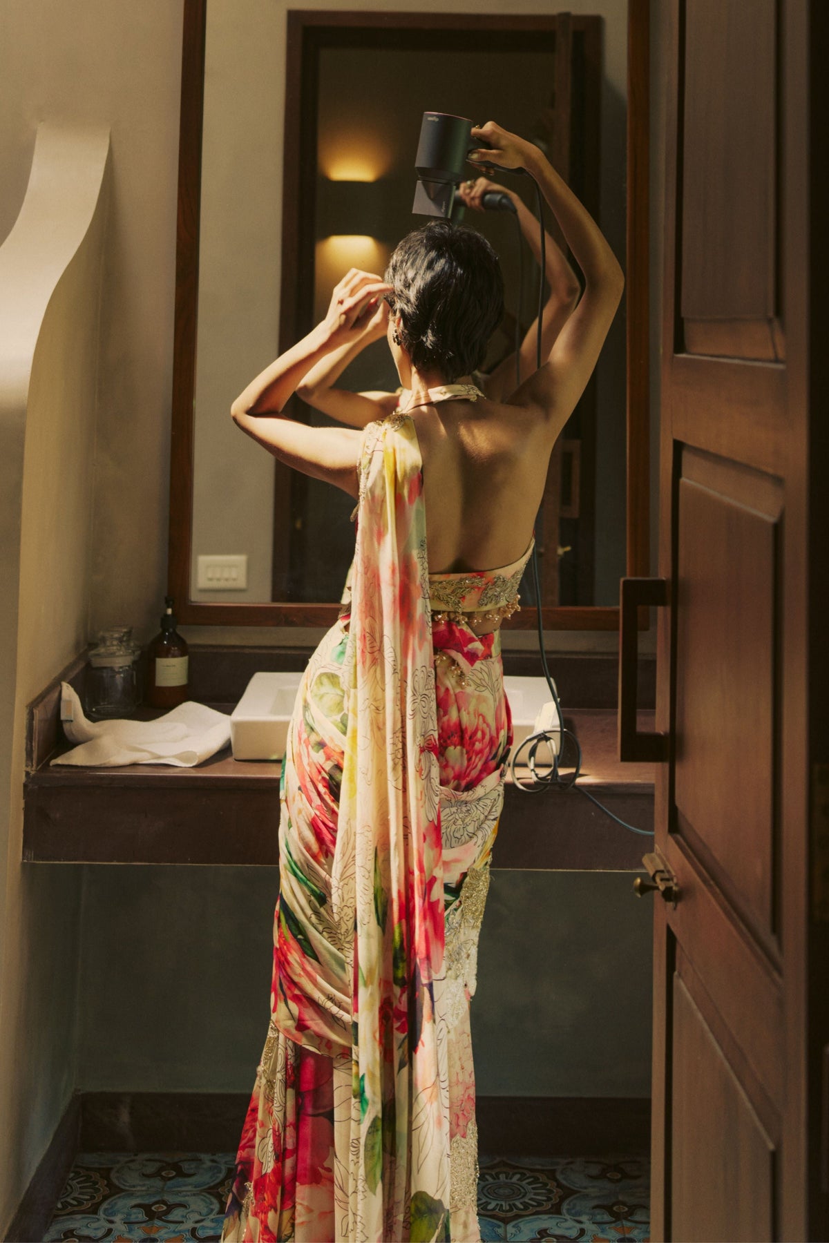 Multicolored Pre Draped Saree Set