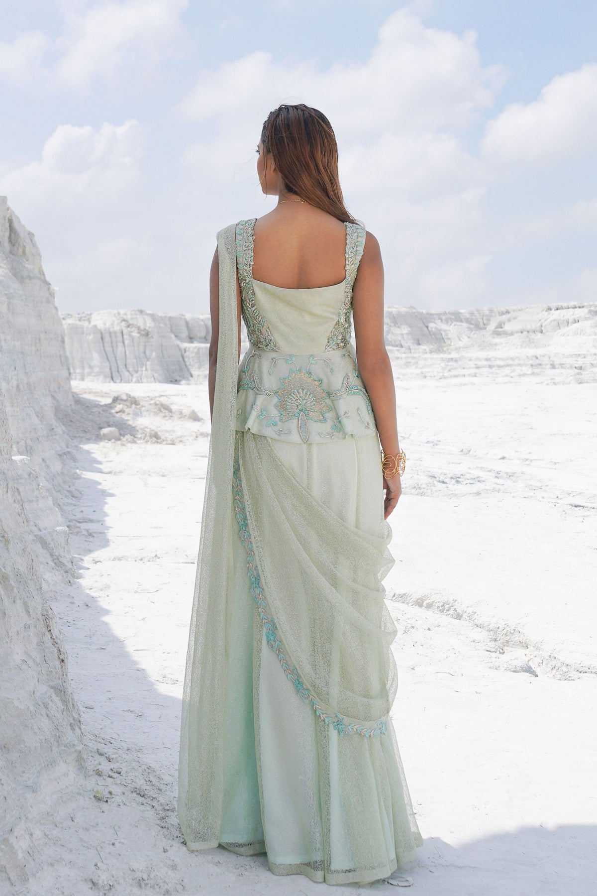 Pastel Green Draped Saree Set