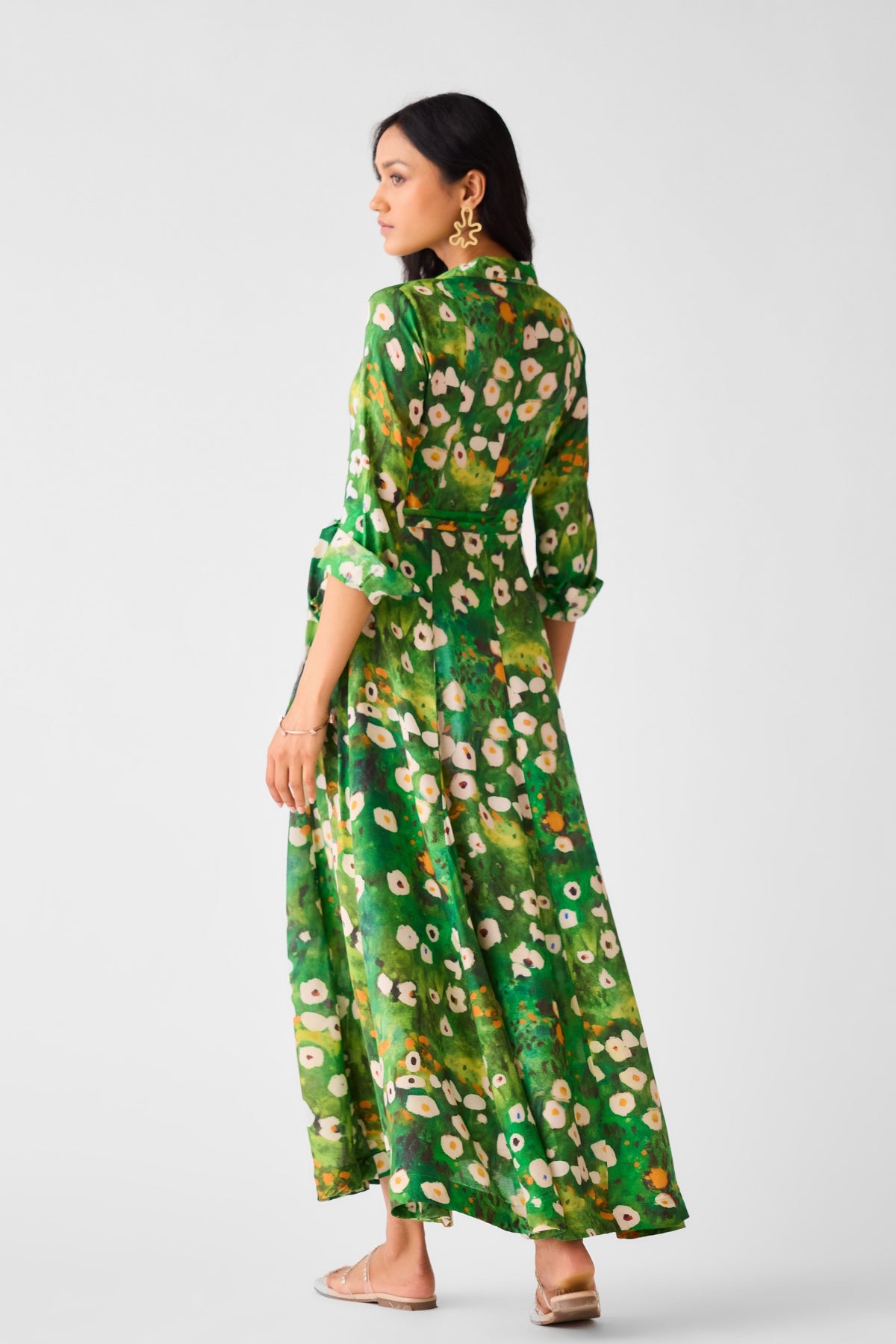 Green Muslin Floral Long Dress