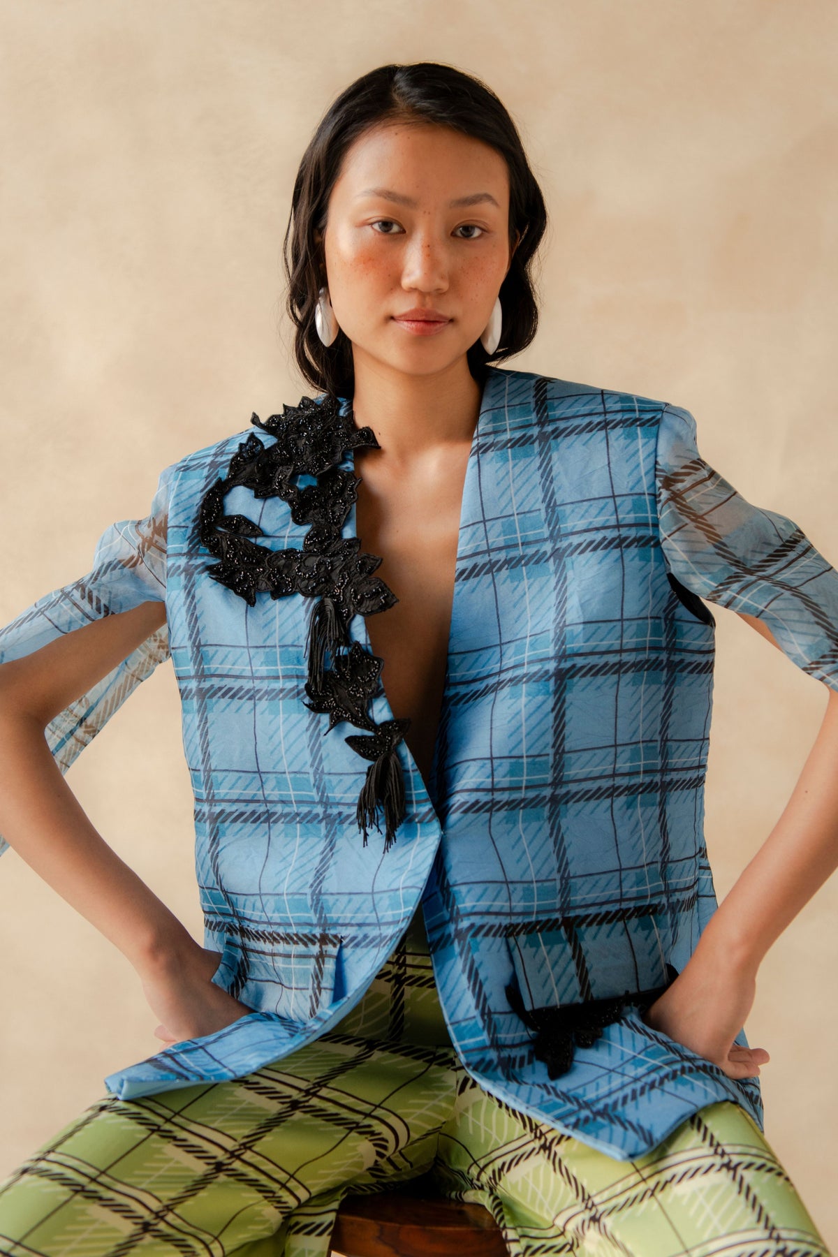 Plaid Embroidered Blazer With Pants