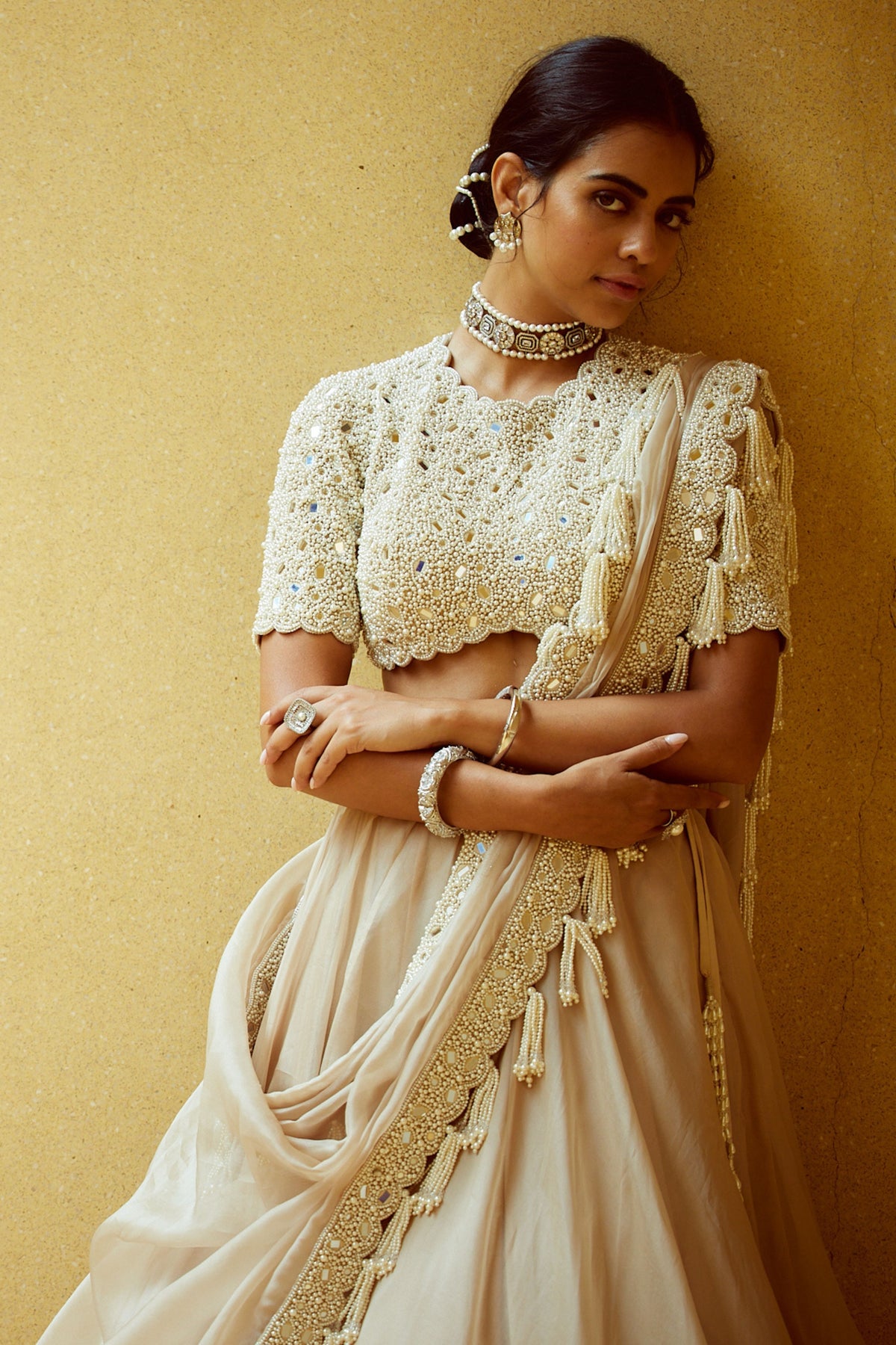 Light Beige Pearl Lehenga Set
