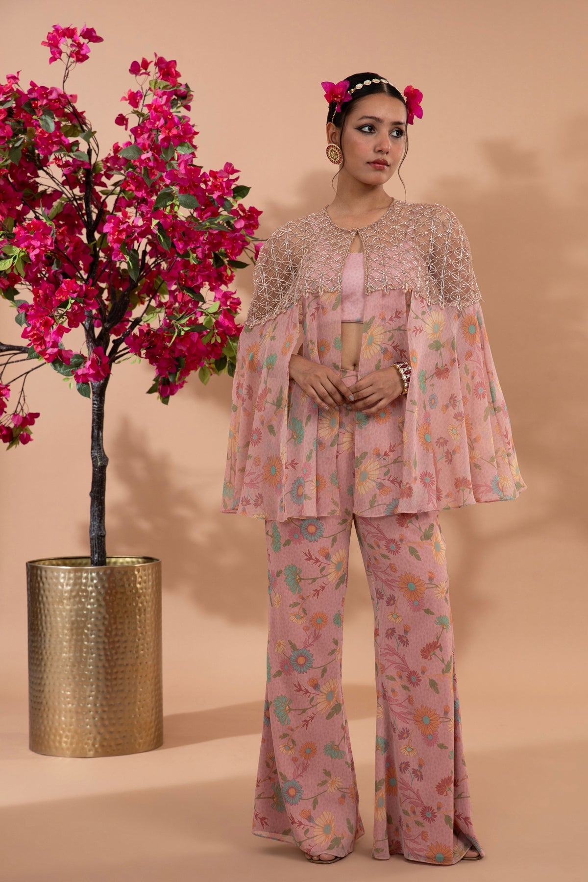 Dusty Rose Floral Printed Cape Set