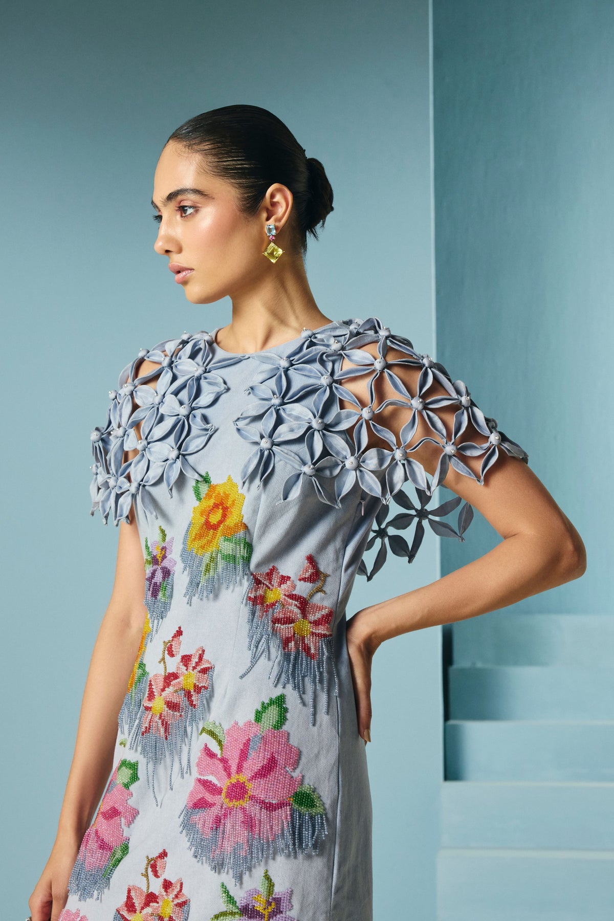Powder Blue Floral Cape Dress