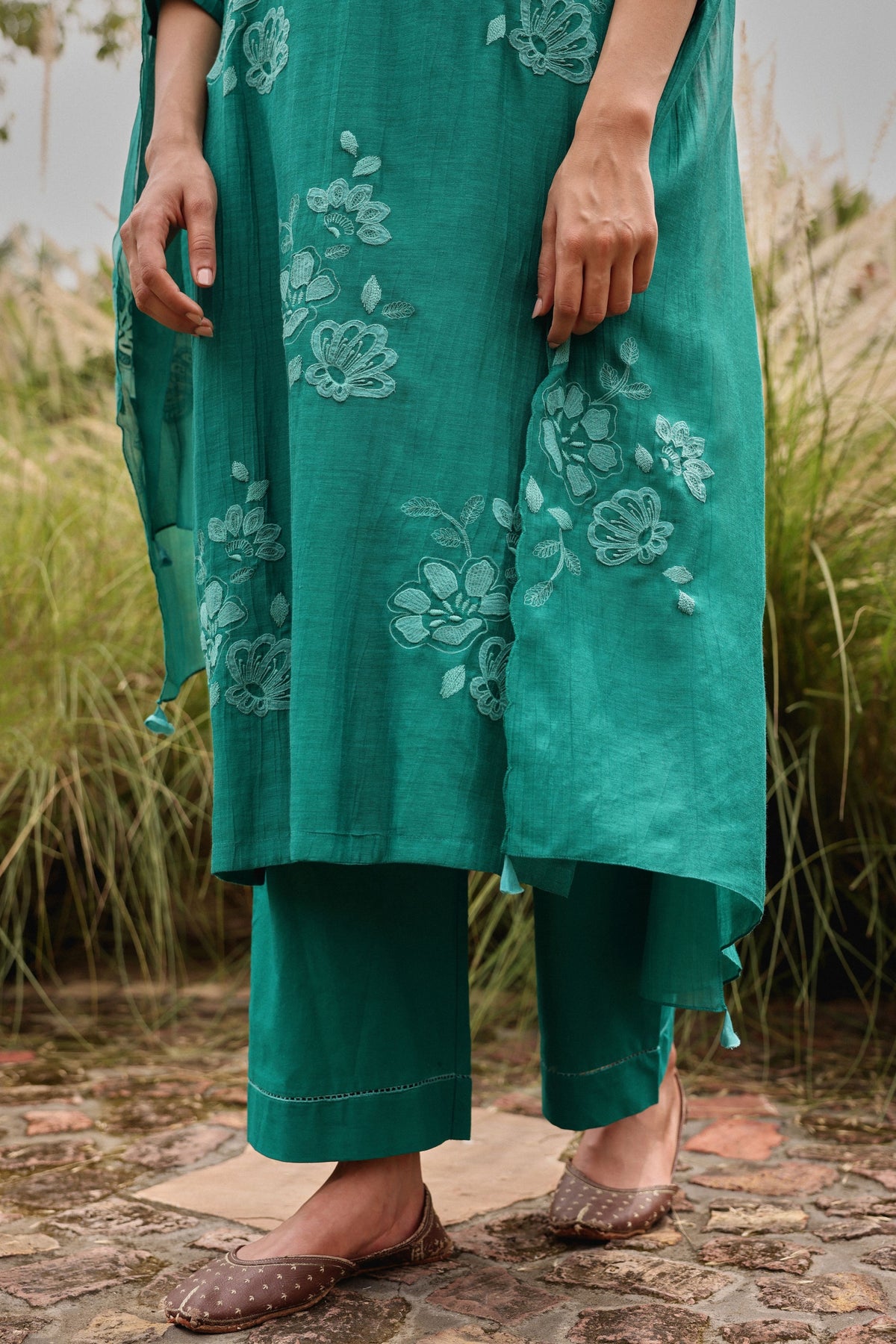 Teal Applique Embroidered Kurta Set
