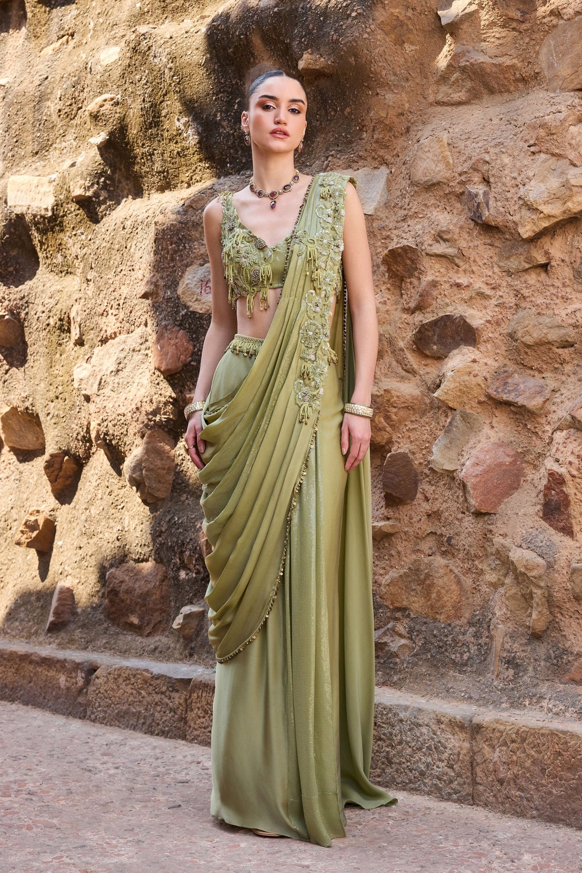 Sage Green Draped Saree Set