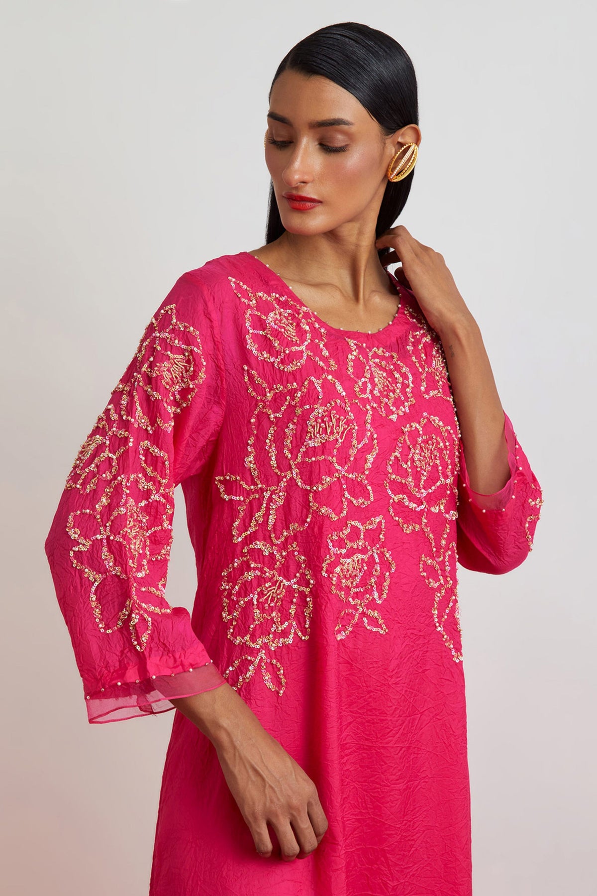 Hot Pink Floral Encrusted Kurta Set