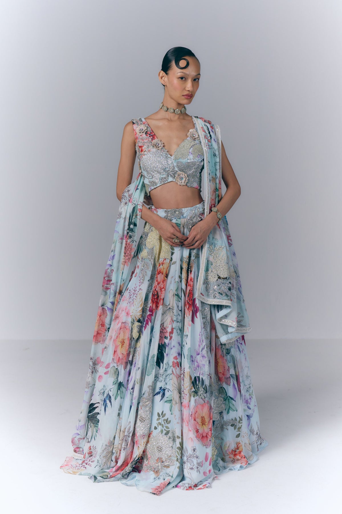 Ivory Aqua Bloom Lehenga Set