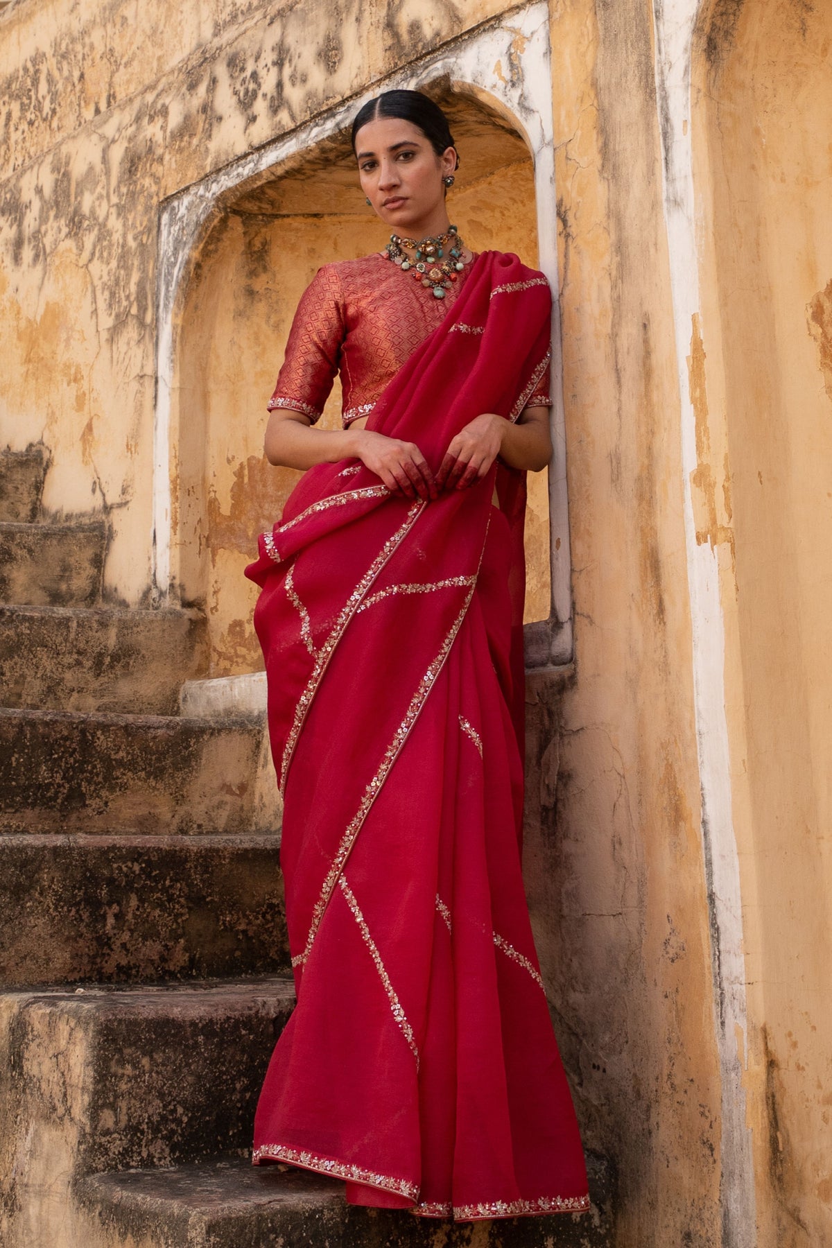 Pink Hand Embroidered Saree Set