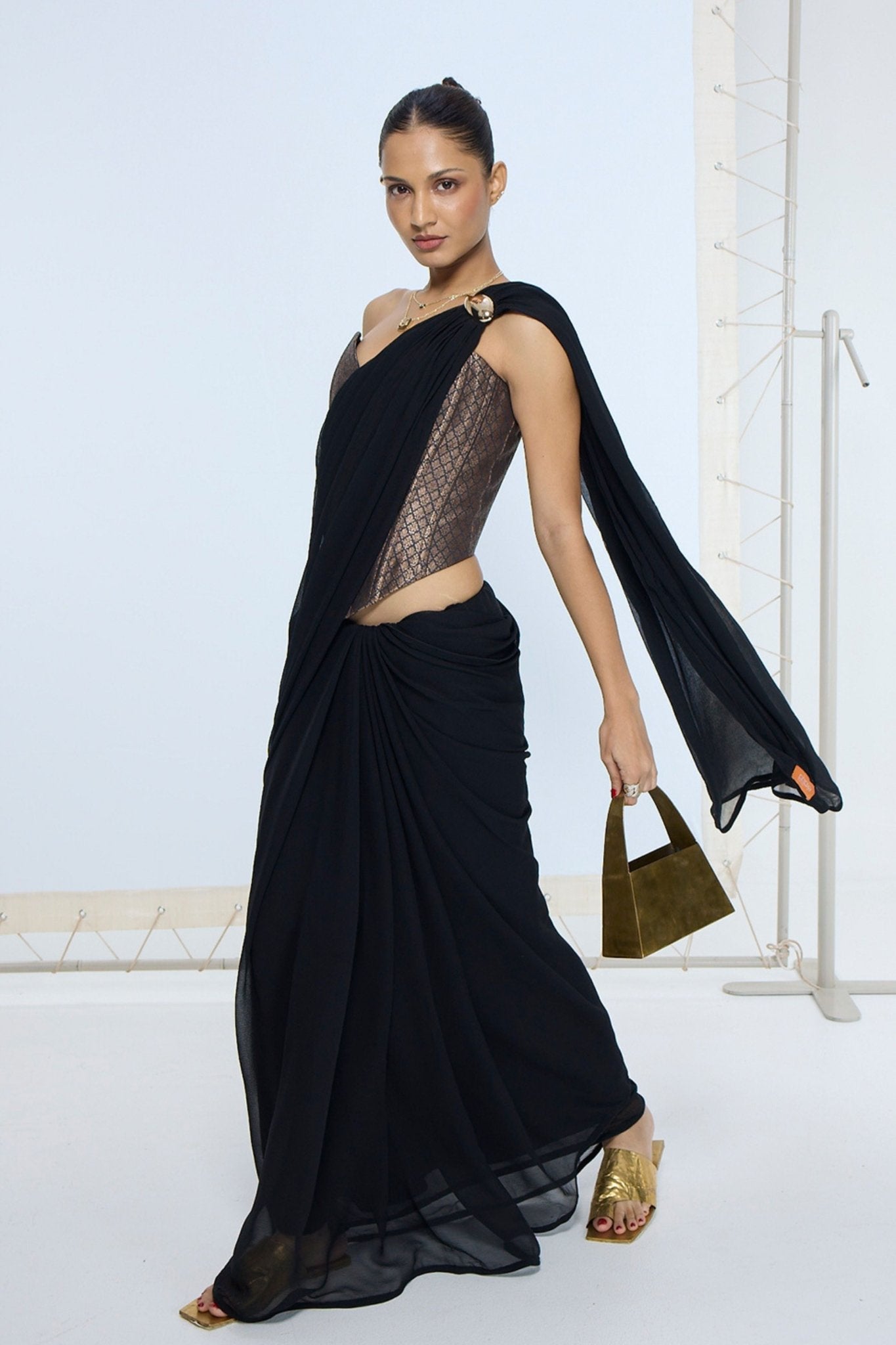Midnight Black Brooch Saree - Ekaya - Elahe