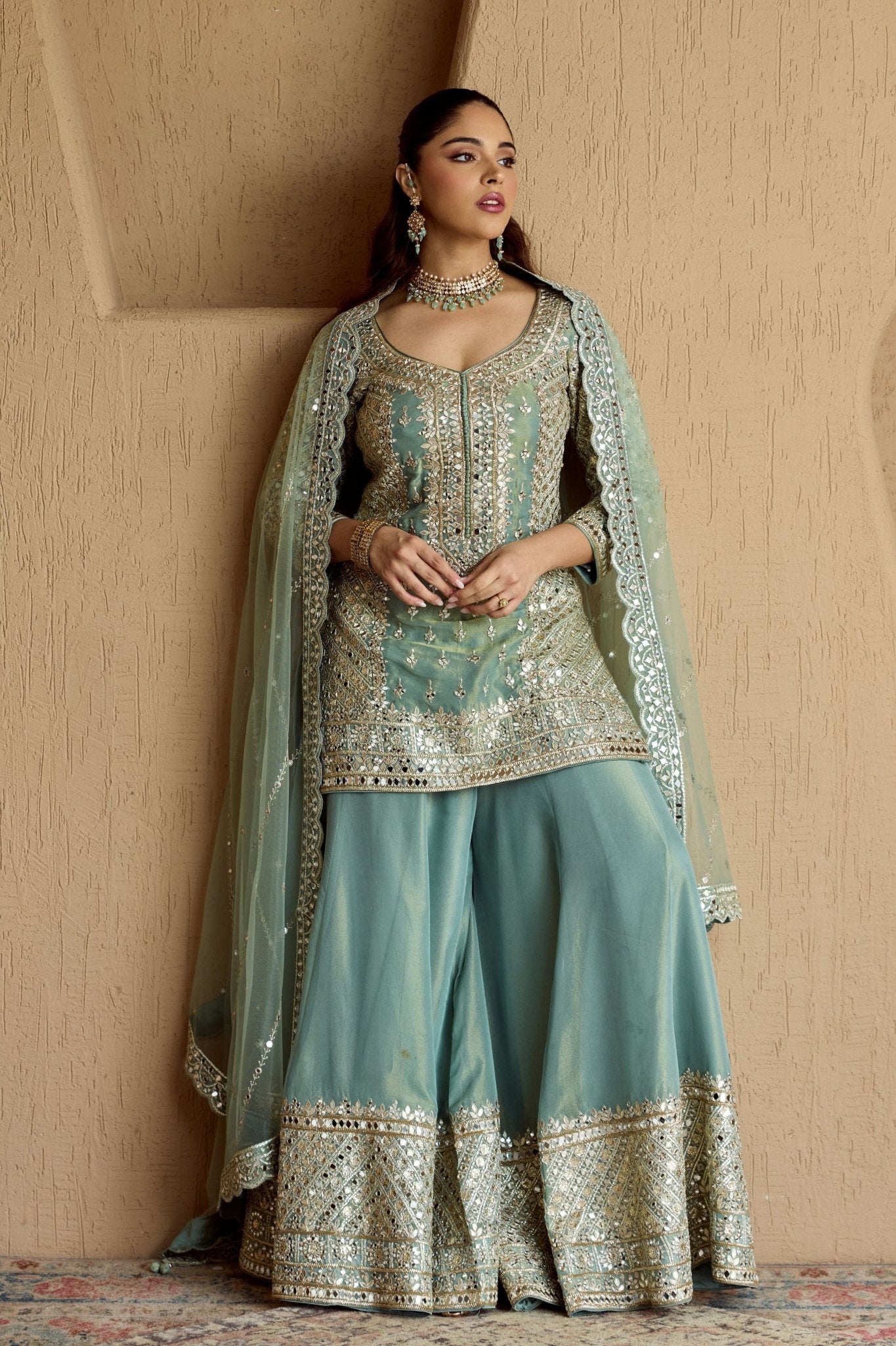 Teal Tissue Kurta Sharara Set - Suhino - Elahe