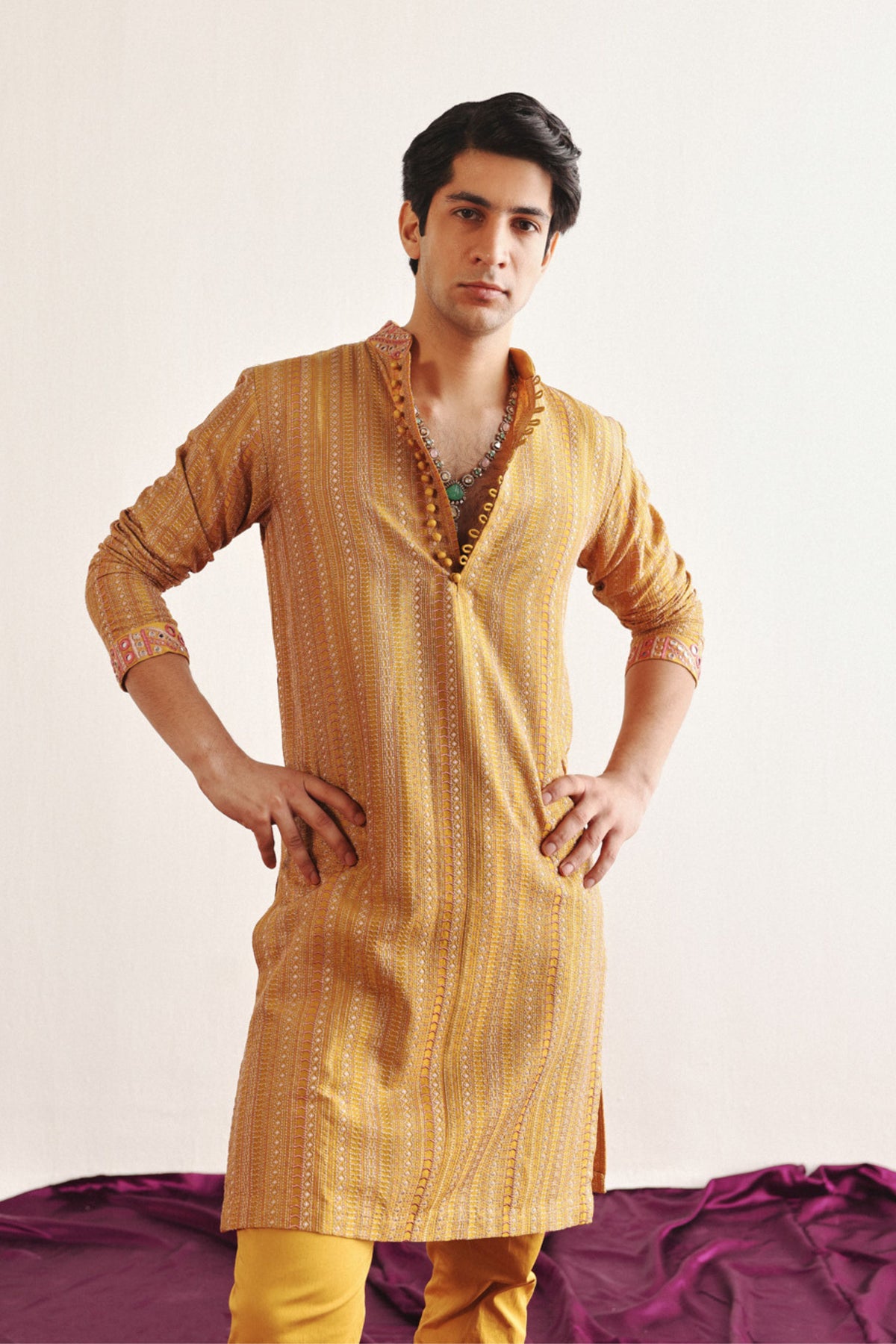 Golden Kantha Work Kurta Set