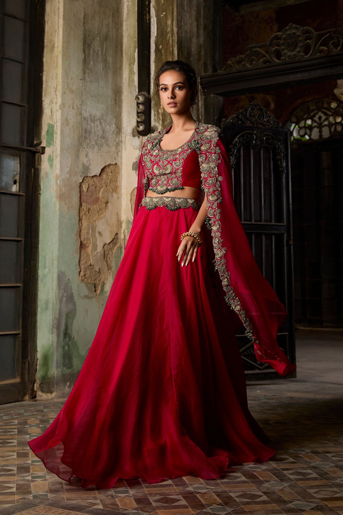 Red Organza Cape Set