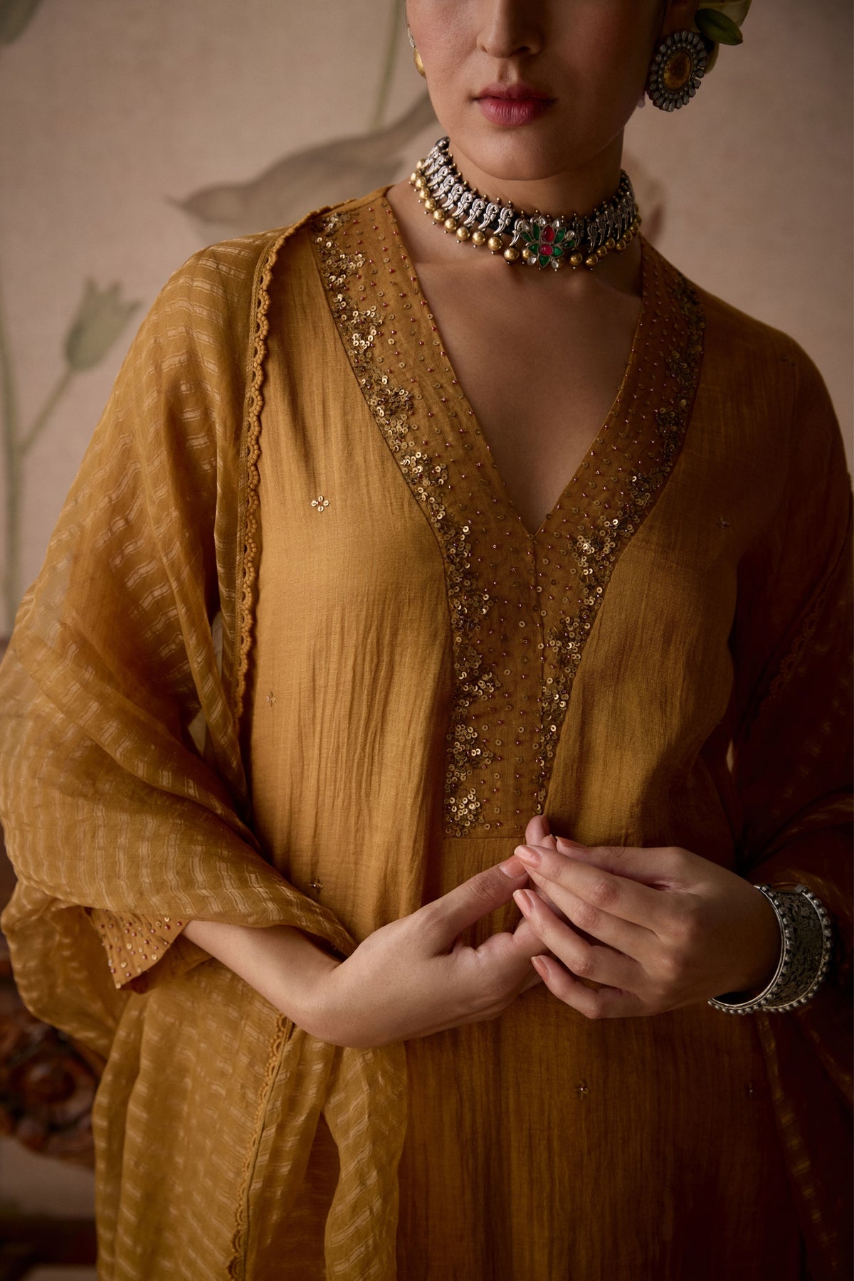 Mustard Hand Embroidered Kurta Set