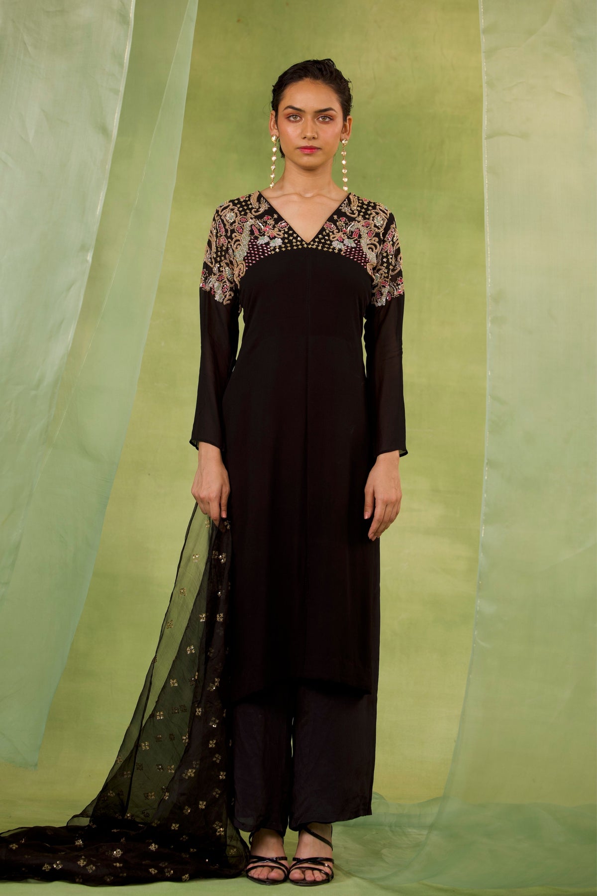 V Neck Black Organza Set