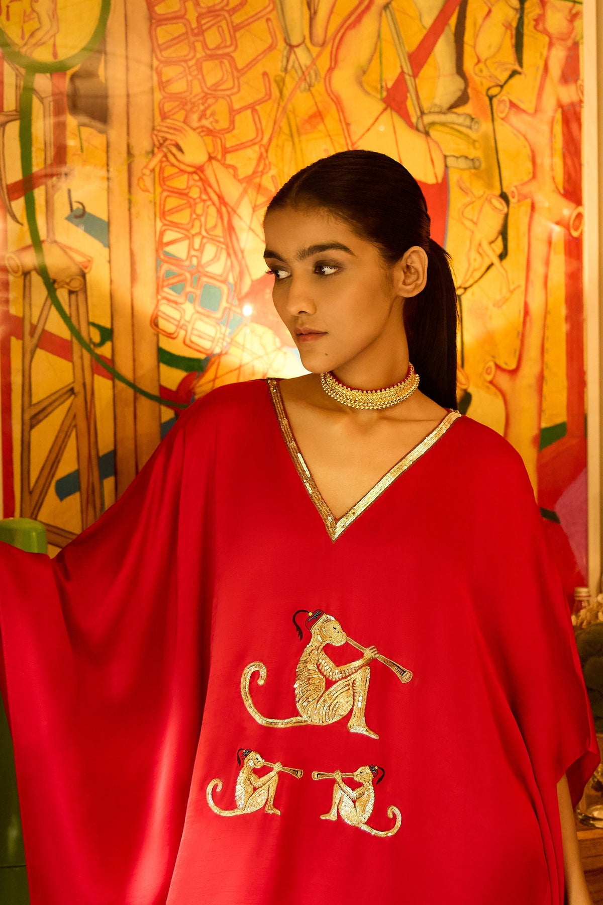 Red Kaftan With Monkey Motif