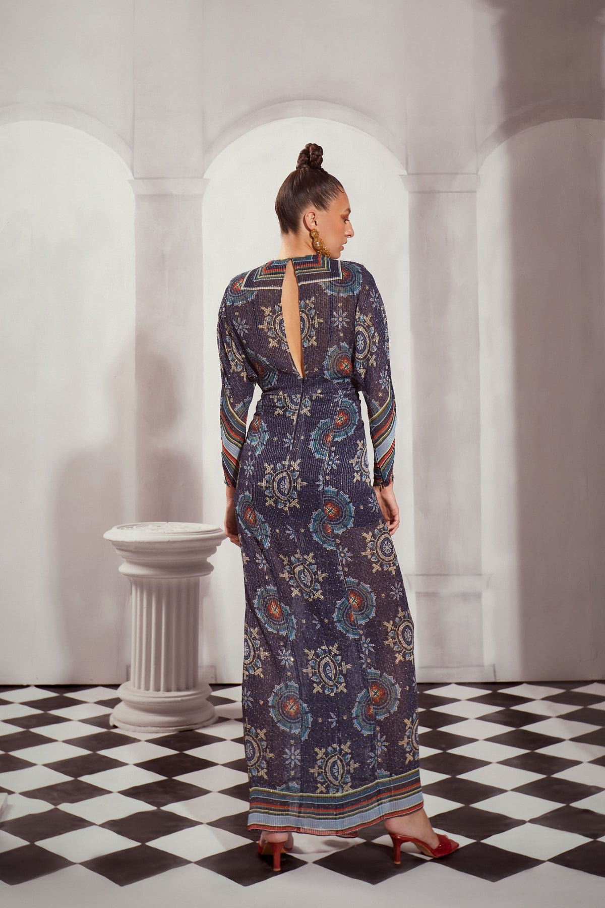 Blue Mosiac Print Draped Maxi Dress