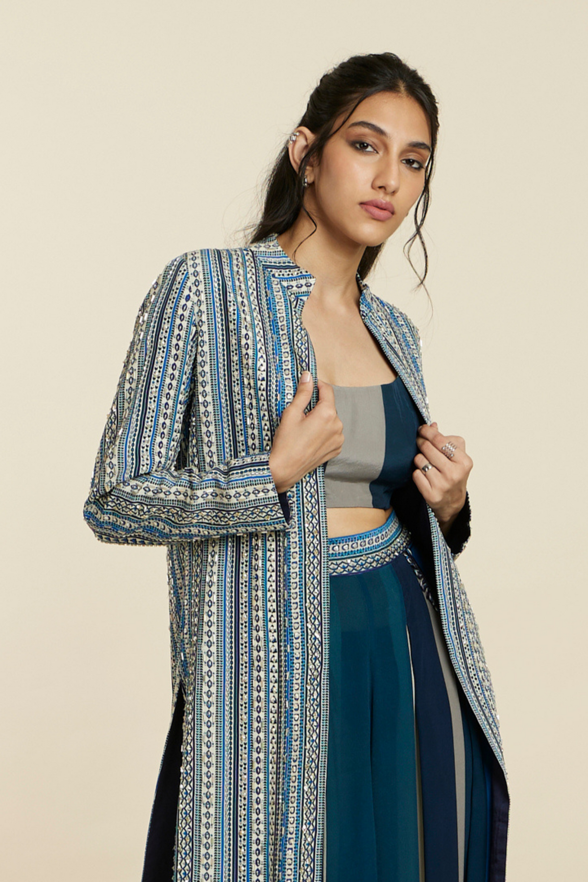 Blue Boho Stripe Embellished Jacket Set