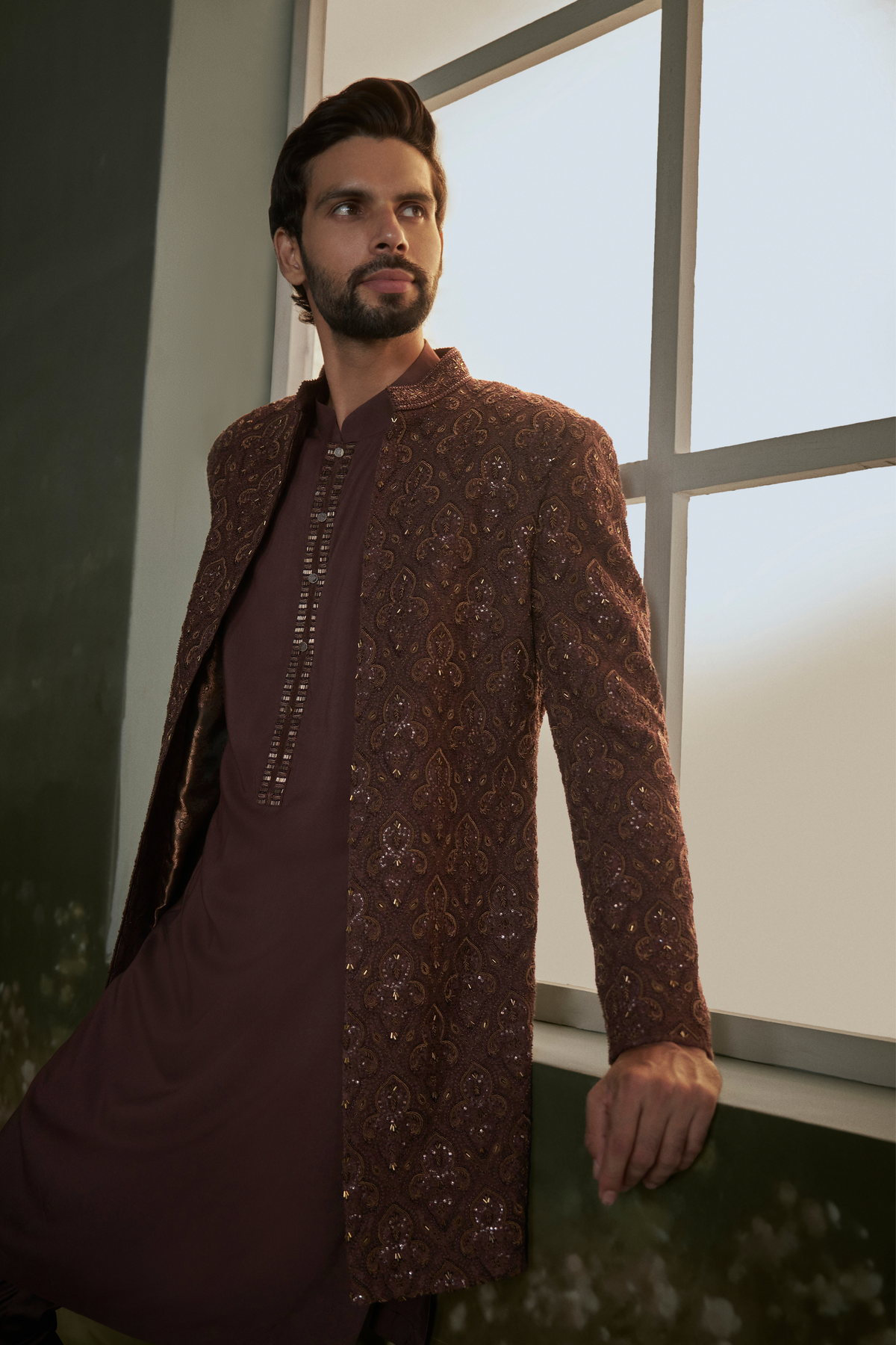 Chocolate brown embroidered short sherwani Set