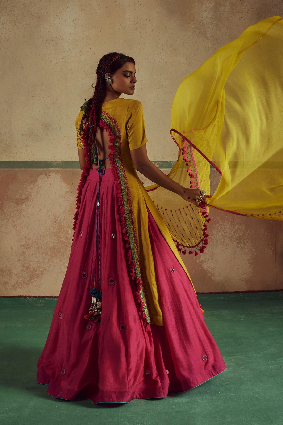 Backless Yellow  Kurta Skirt Set