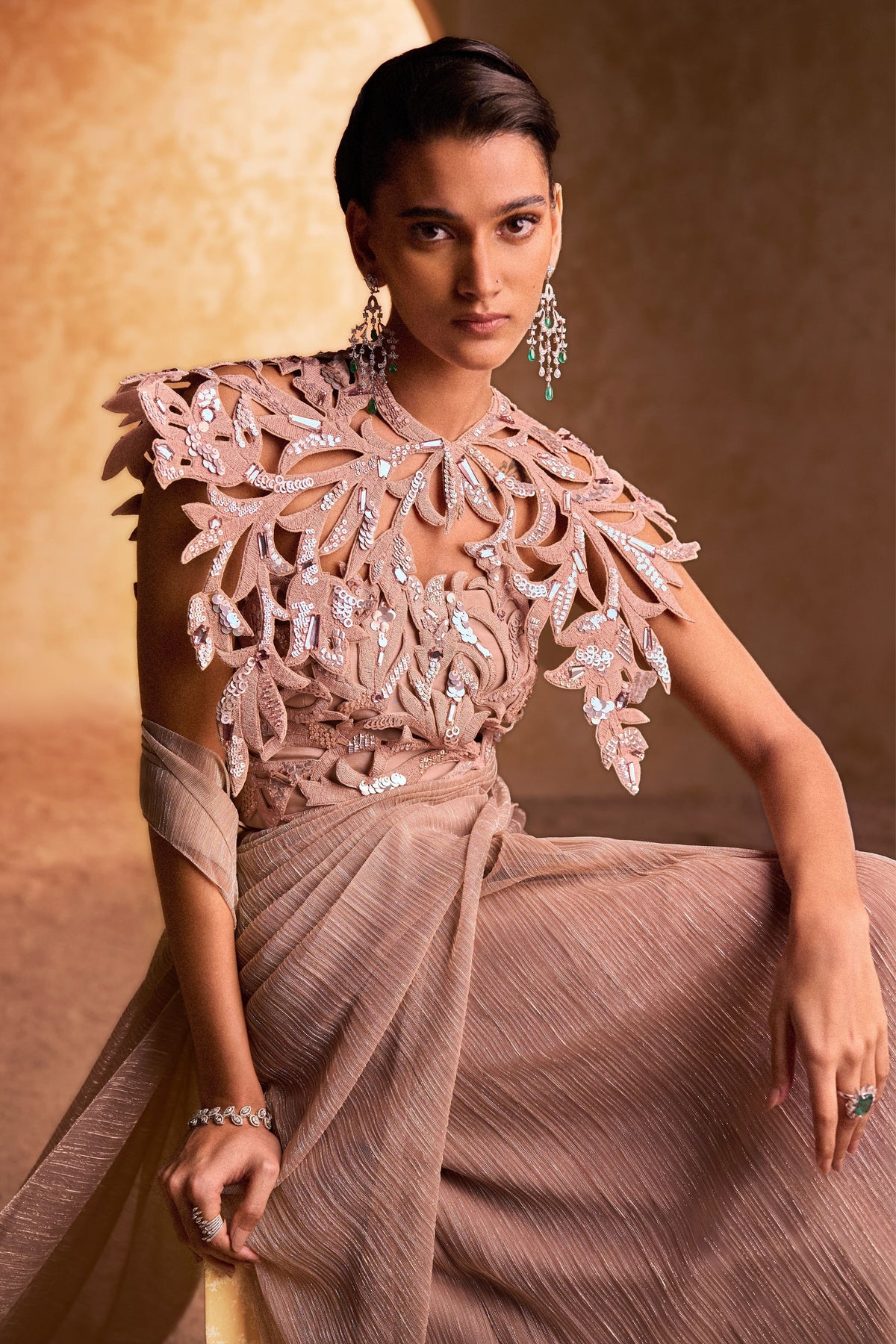 Claret Beige Draped Saree Set