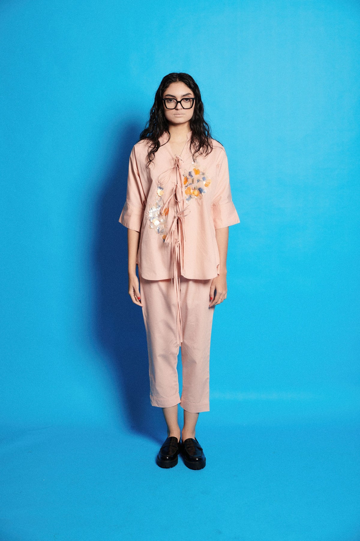 Poplin V Neck Embroidered Top With Stylish Strings